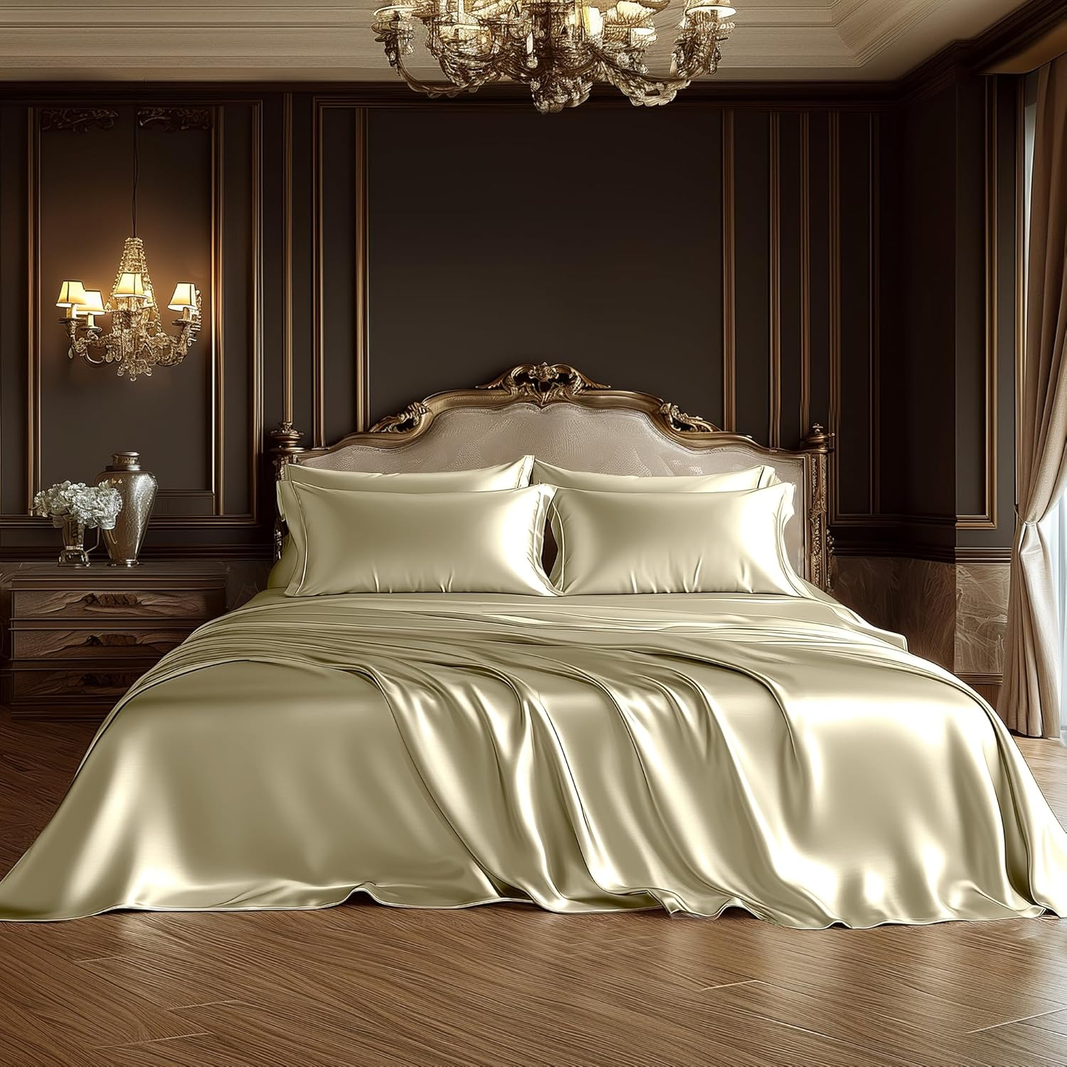 Degrees of Comfort Champagne Satin Sheet Set for Queen Size Bed – 6 Piece Silky and Soft Sheets with 14 Inches Deep Pocket