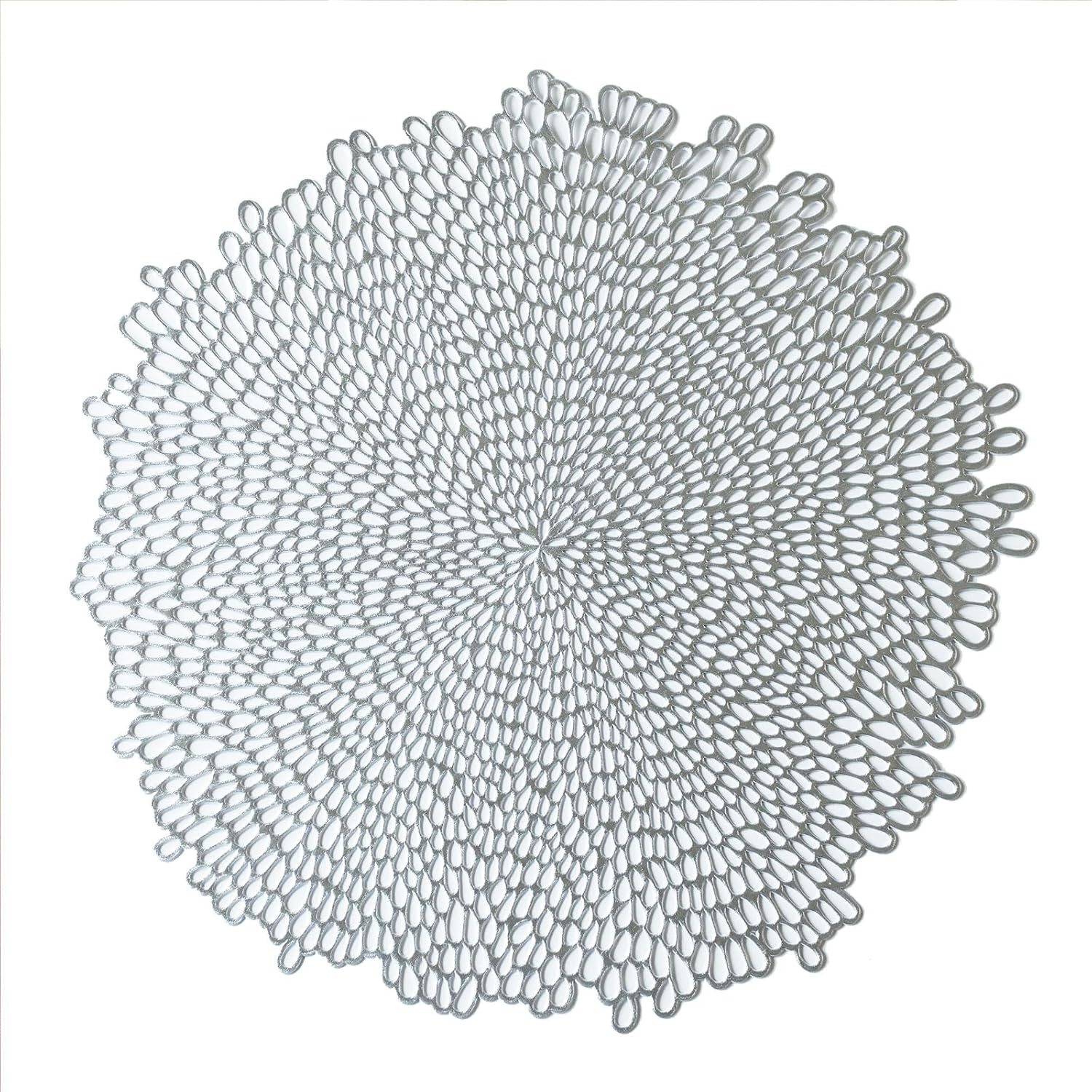 Benson Mills Bloom Pressed Vinyl Placemat Set of 4, Kitchen and Dining Table Mats, Special Occasion, Wedding, Everyday, Holiday Table Décor (15.5" Round, Set of 4, Silver)