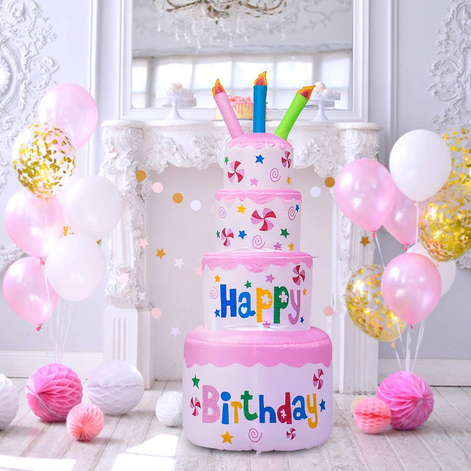 AJY 6 Feet Birthday Inflatable Happy Birthday Inflatable Cake with Candle Blow Up Inflatable Indoor Outdoor Yard Lawn Decoration Clearance