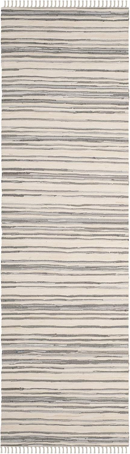 SAFAVIEH Rag Benton Striped Cotton Runner Rug, Ivory/Grey, 2'3" x 5'