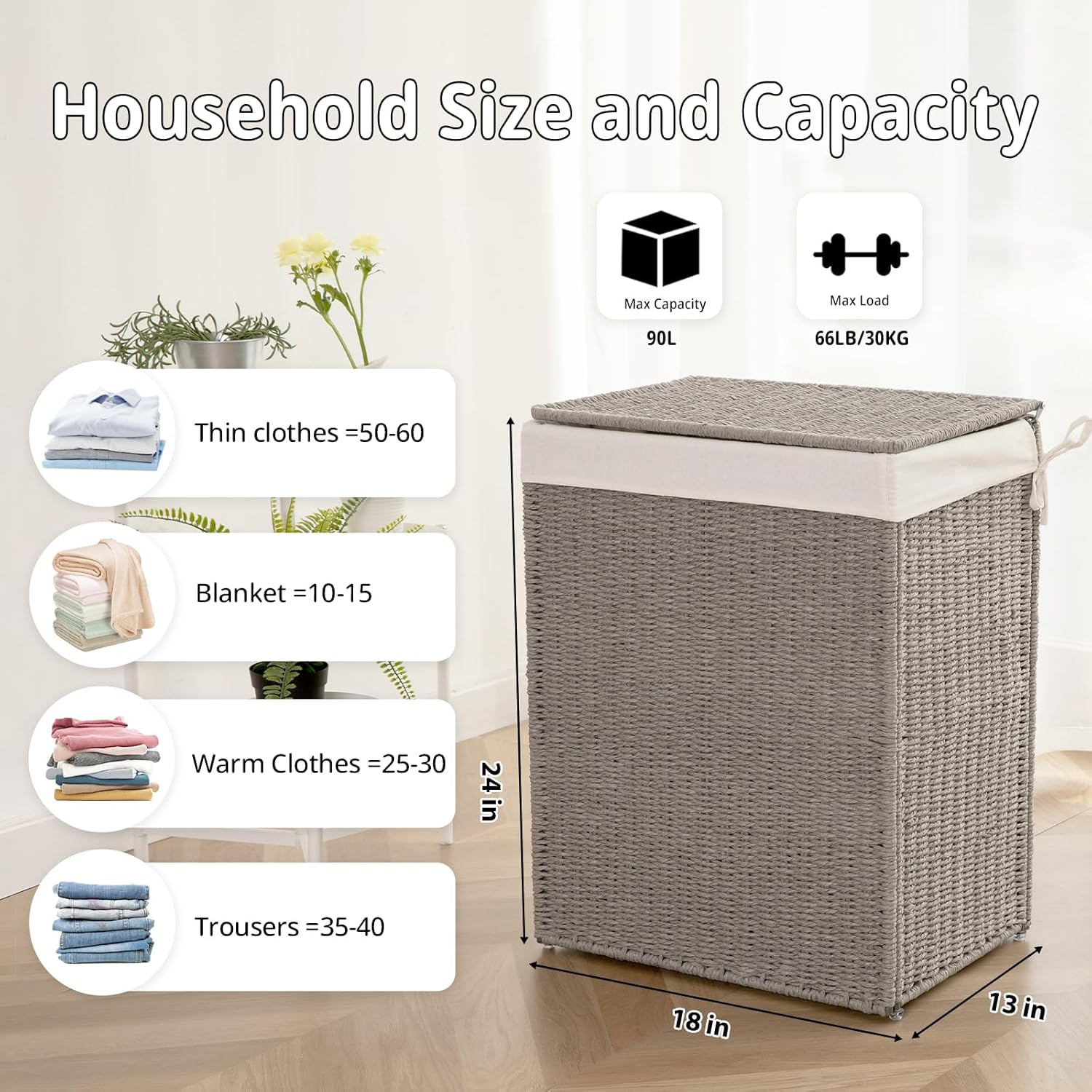 OIAHOMY Laundry Hamper with Lid, 23.8 Gal (90L) Wicker Hamper with Removable Liner Bags, Handwoven Clothes Basket with Handles, Foldable Woven Paper Rope Basket for Laundry Room, Bedroom-Grey