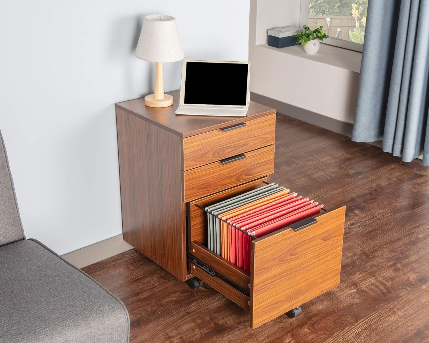 JJS  3 Drawer Rolling Wood File Cabinet with Locking Wheels for A4 or Letter Size Brown