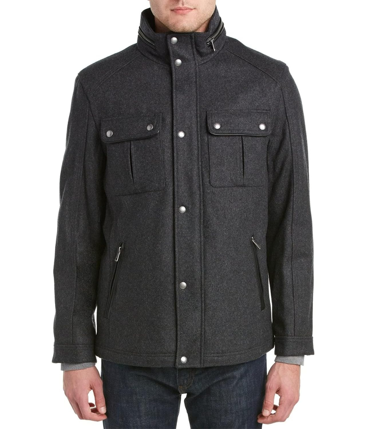 Cole Haan Signature Men's Wool Melton Stand Collar Jacket with Patch Pockets