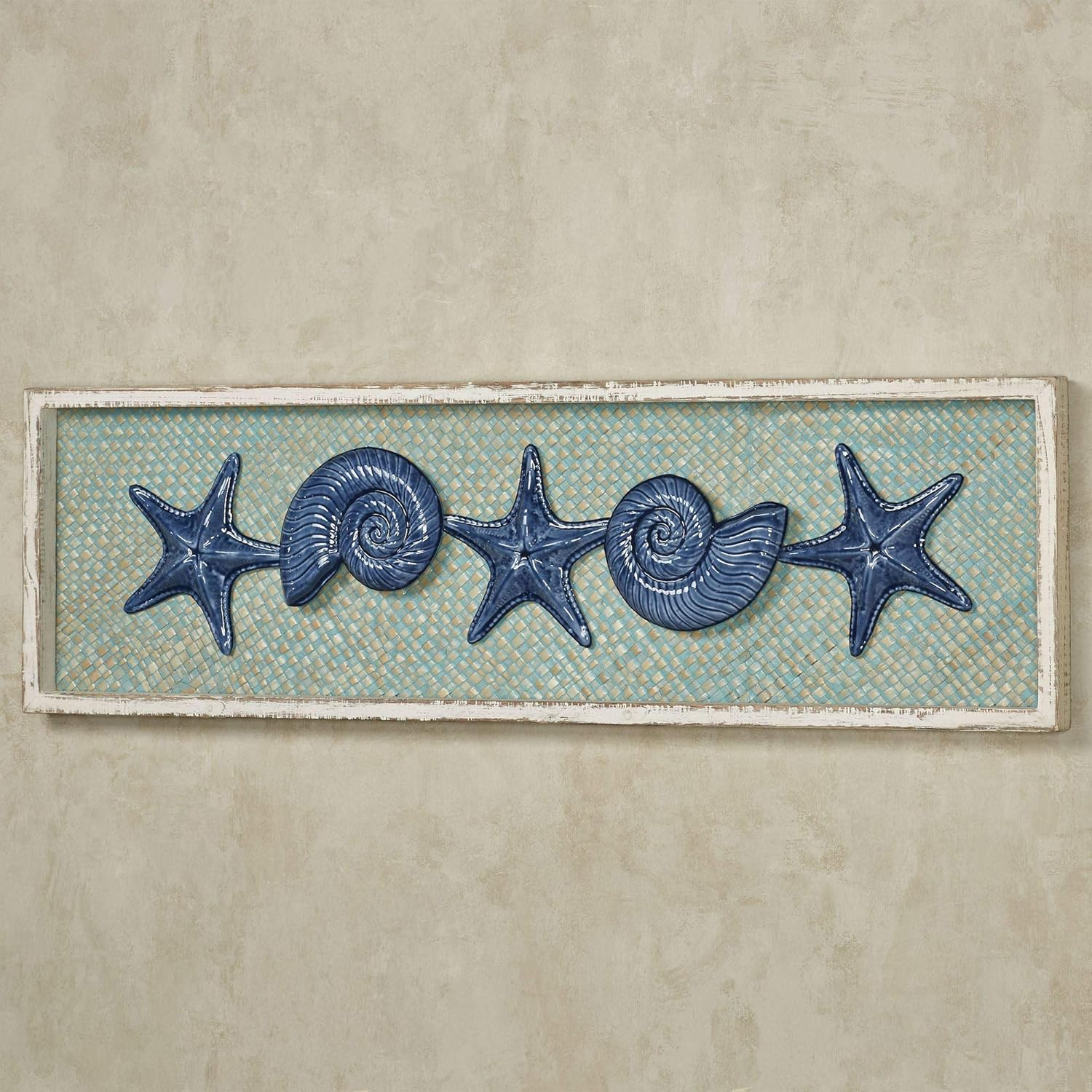 Coastal Whitewashed Fir Wood Framed Wall Art with Blue Starfish and Shells