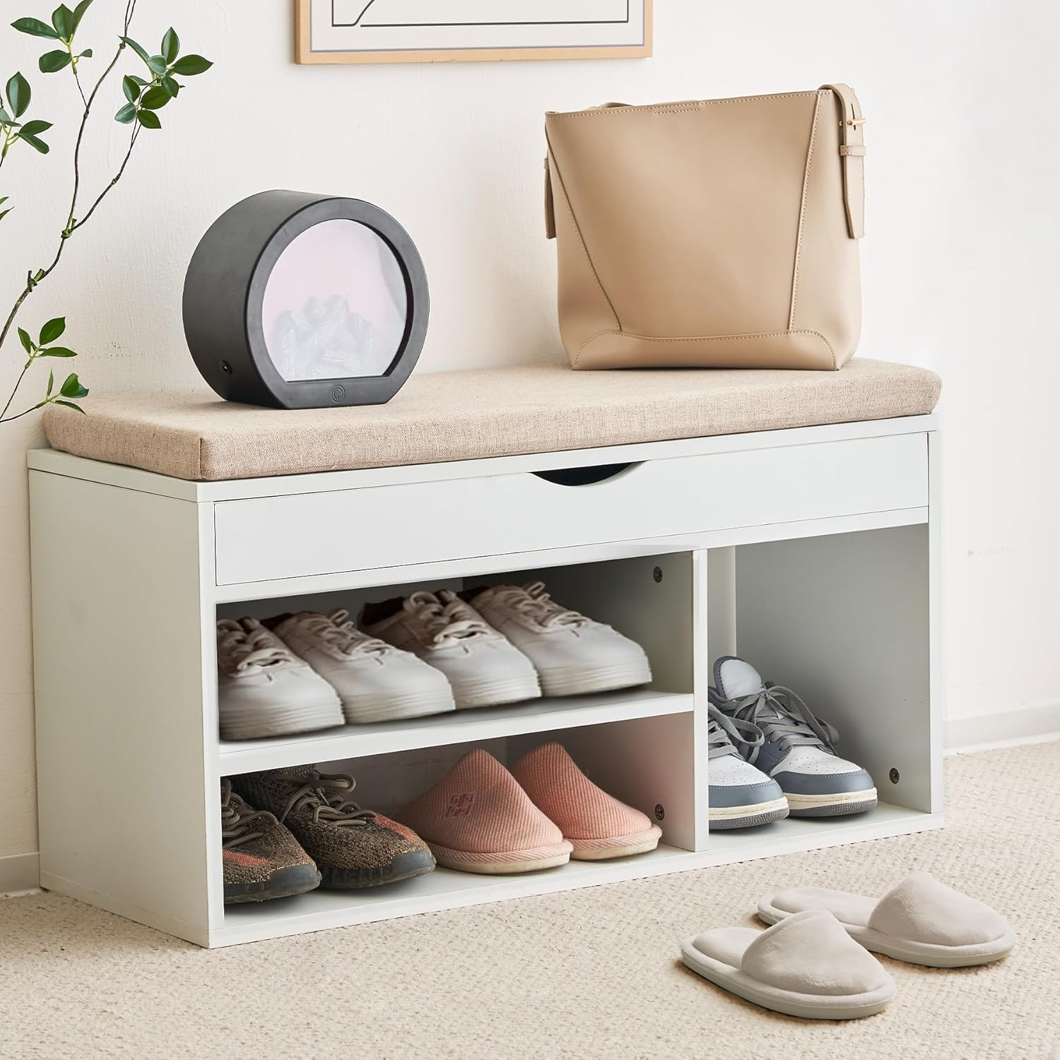 Apicizon 31 Inches Storage Bench, Shoe Bench with Flip Top Storage Space and Padded Cushion, Wooden Entryway Bench for Entryway, Living Room, 2-Tier Shoe Rack Organizer, Brown