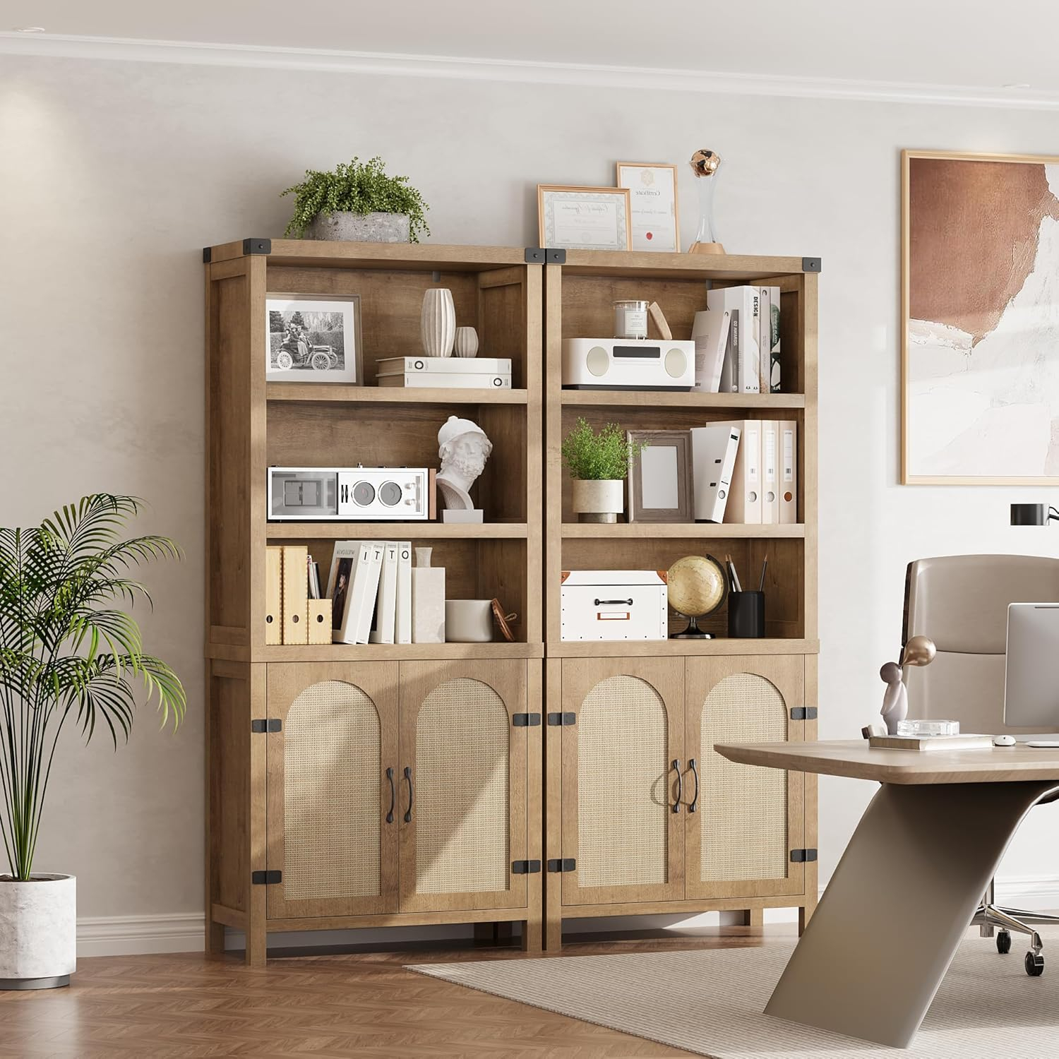 Rustic Bookshelves and Bookcases with Doors, Wooden 3 Shelf Bookshelves with Cabinets, 70" Tall Floor Standing Display Storage Shelves for Bedroom, Office, Living Room