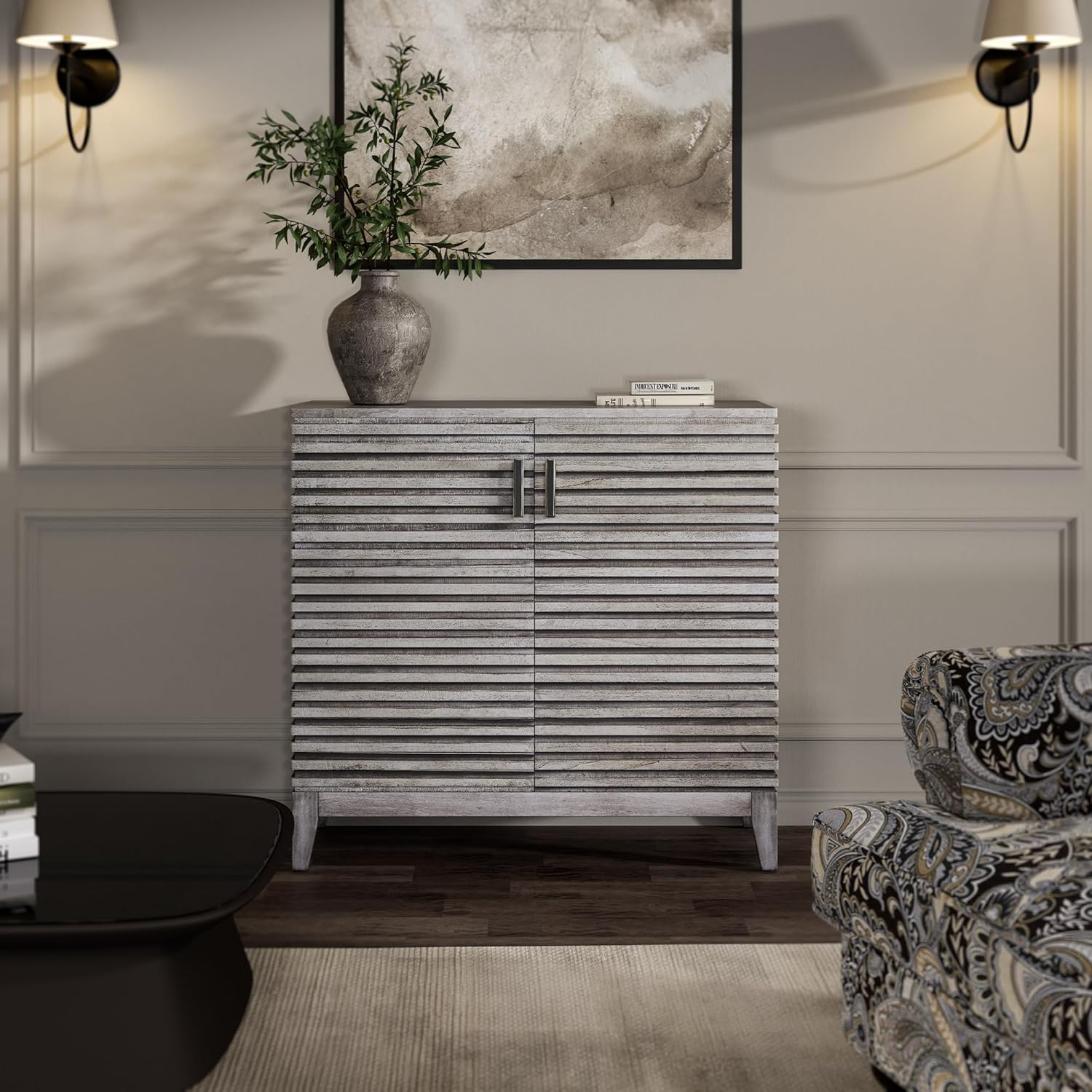 Morden Fort Wood Buffet Cabinet with Storage, 36" Sideboard Cabinet with Solid Wood Legs, Mid Century Modern Credenza with Adjustable Shelves for Dining Room, Living Room and Entryway