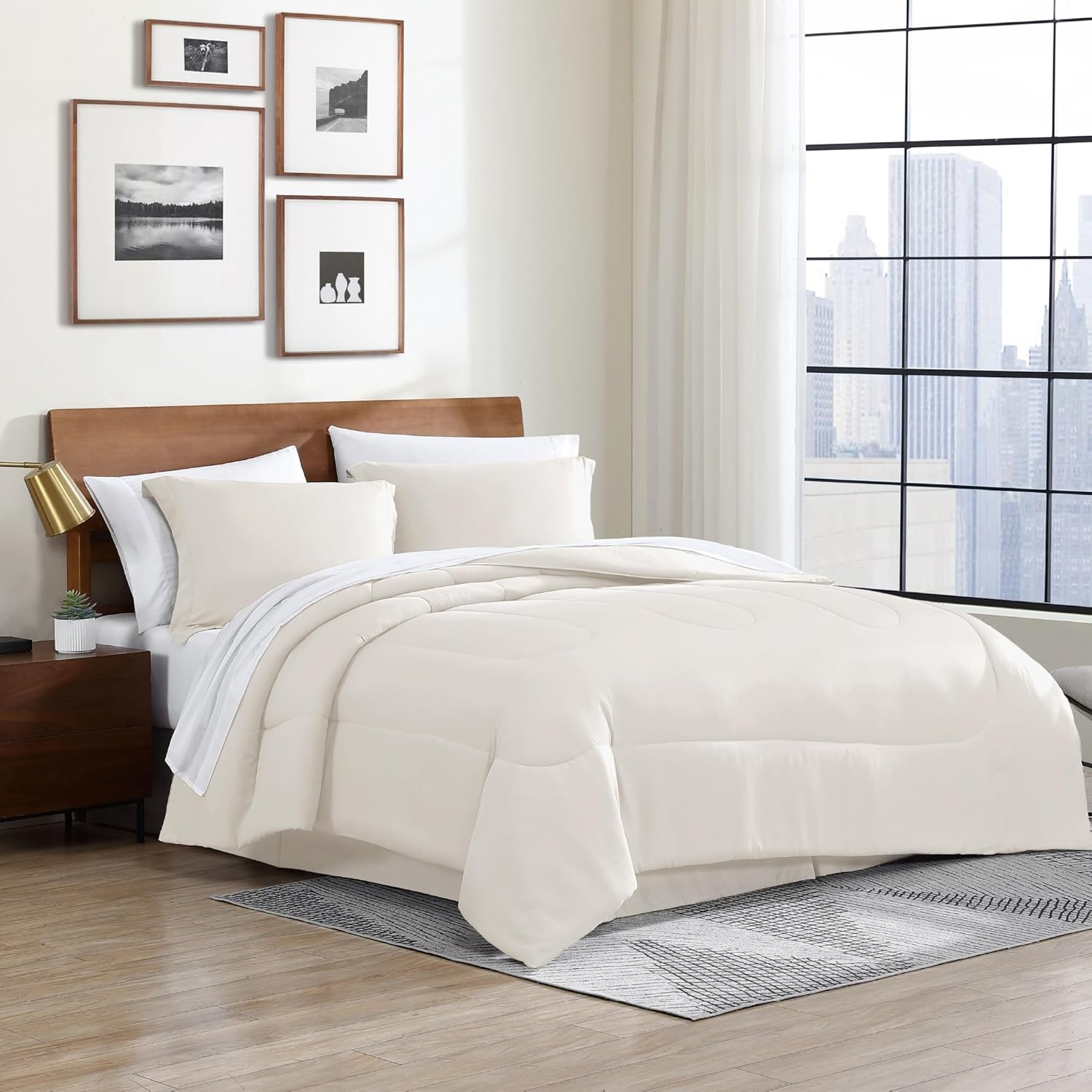 Cathay Home Basic Bedding Home Essential Ultra Soft Lightweight 8PC Wrinkle Resistant Microfiber Bed in a Bag Set (Includes Complete Sheet Set, Comforter Set & Bedskirt) - Twin, Coconut Milk