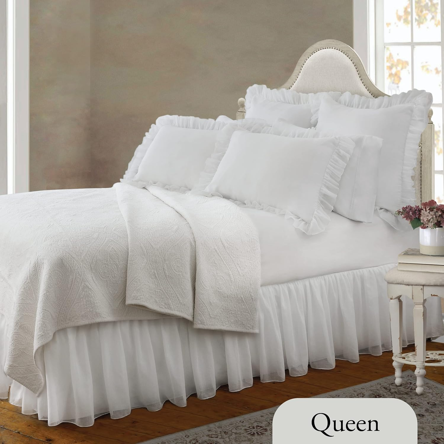 Belles & Whistles Double Voile Ruffled Bed Skirt Dust Ruffle, Cotton Layered, 15" Drop Length, Queen, White