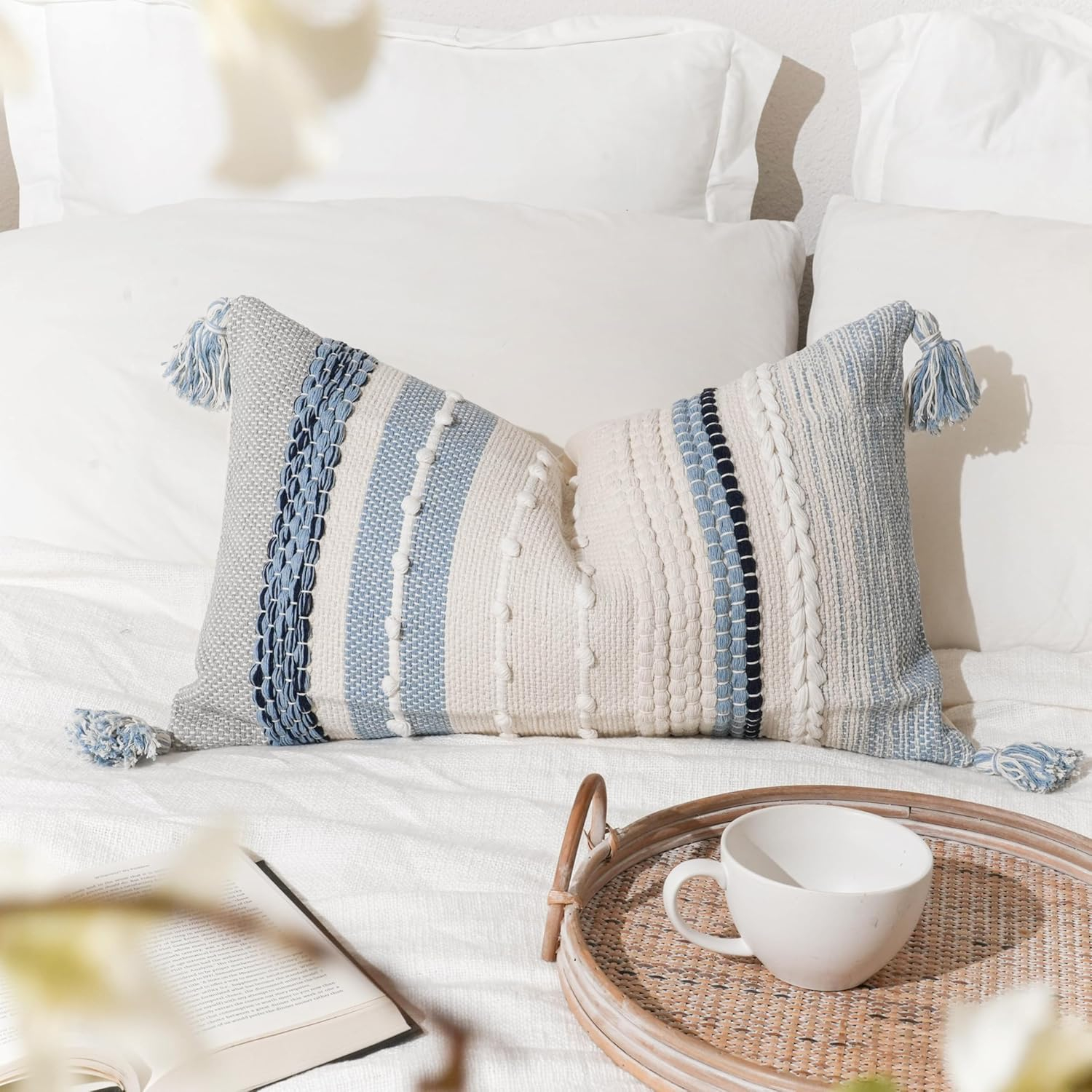 Decorative Lumbar Throw Pillow Cover 14x24 Boho Coastal Blue Accent Cushion for Couch Sofa Farmhouse Pillowcase for Bedroom Living Room Home Décor Cover ONLY
