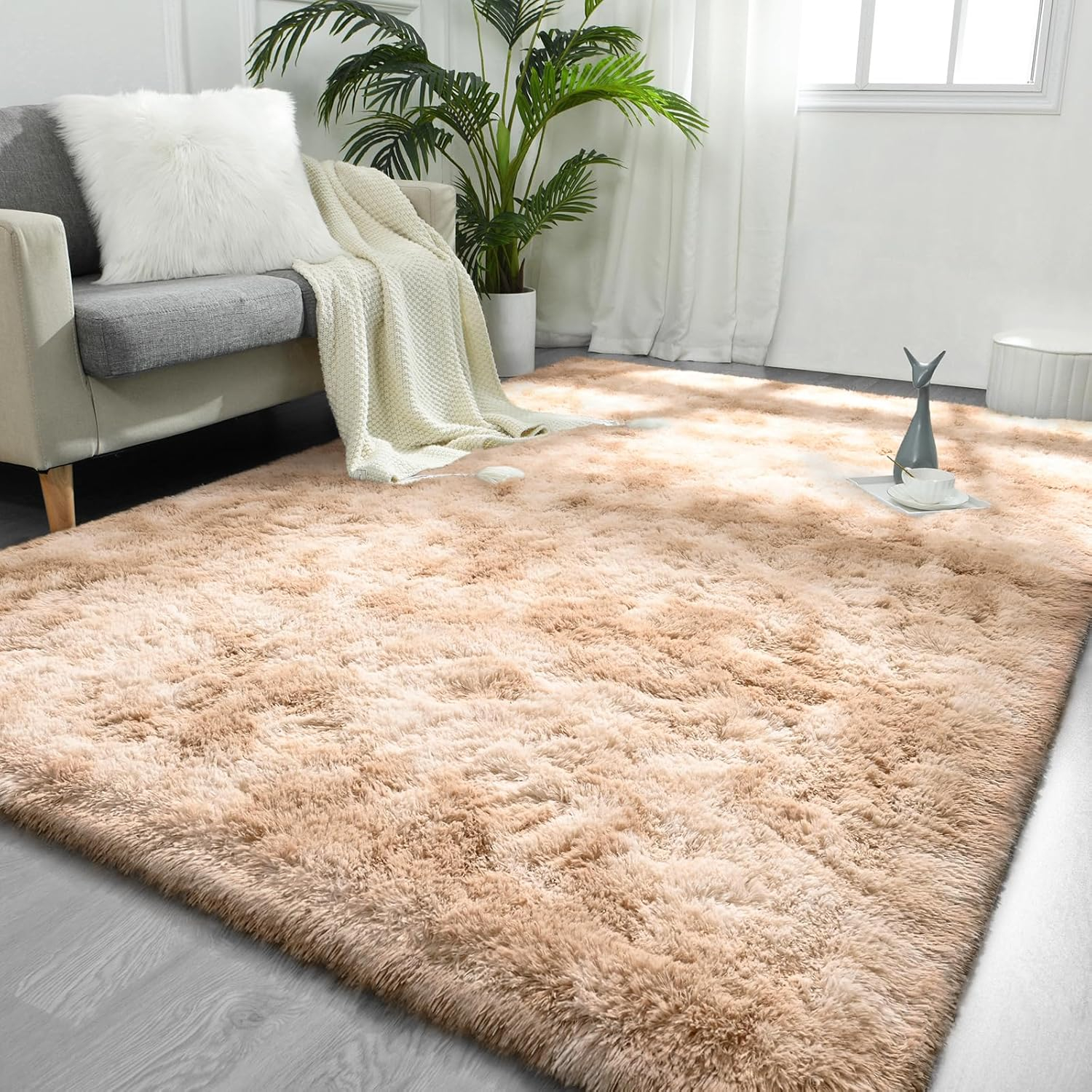 FlyDOIT Large Area Rugs for Living Room, 5x8 Feet Tie-Dyed Beige Shaggy Rug Fluffy Throw Carpets, Ultra Soft Plush Modern Indoor Fuzzy Rugs for Bedroom Girls Kids Nursery Room Dorm Home Decor