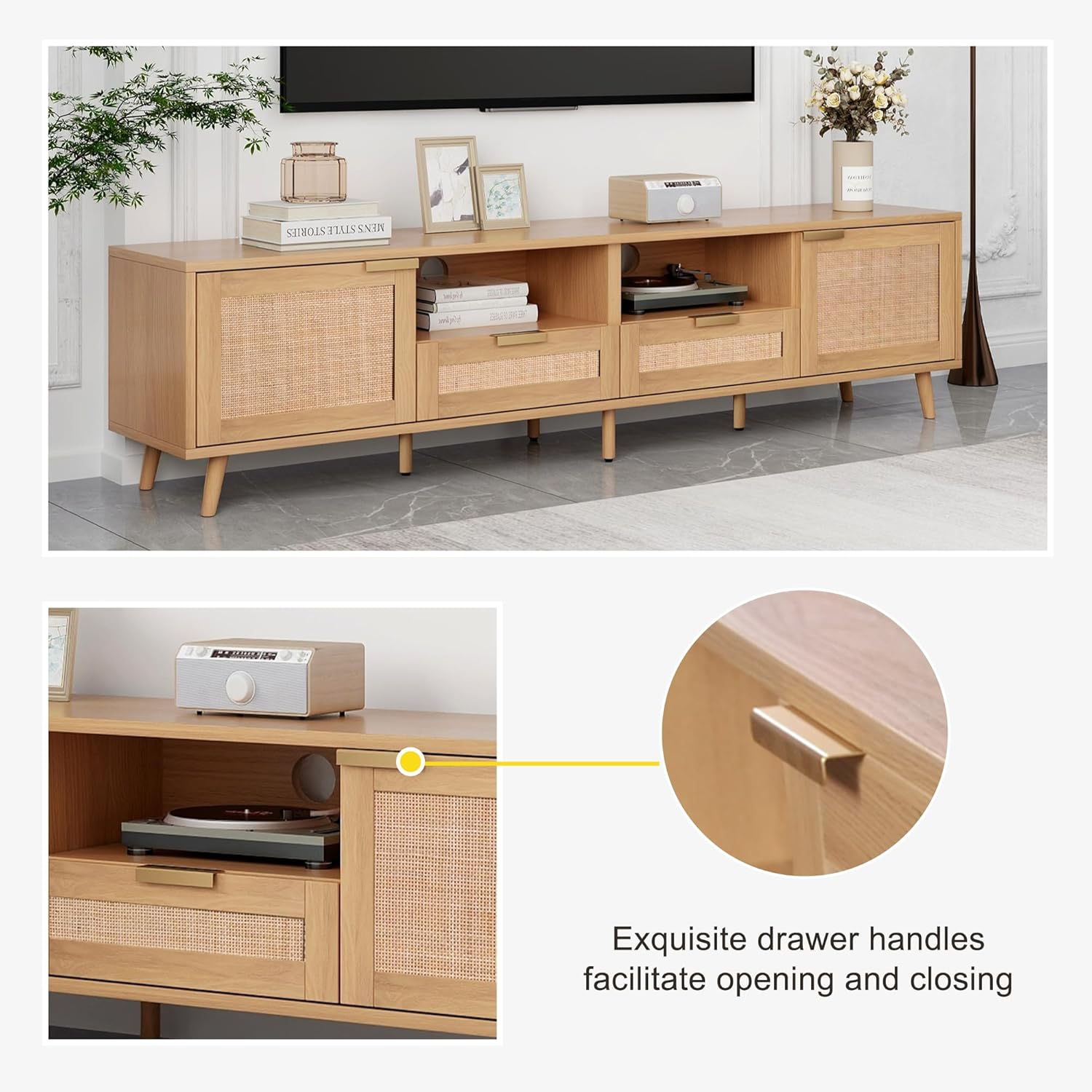 Rattan TV Stand for 85''+ TV, Mid Century Modern Entertainment Center with Rattan Decor Doors, Wood TV Console with 2 Doors & 2 Open Shelves & Drawers for Living Room, Bedroom, Natural