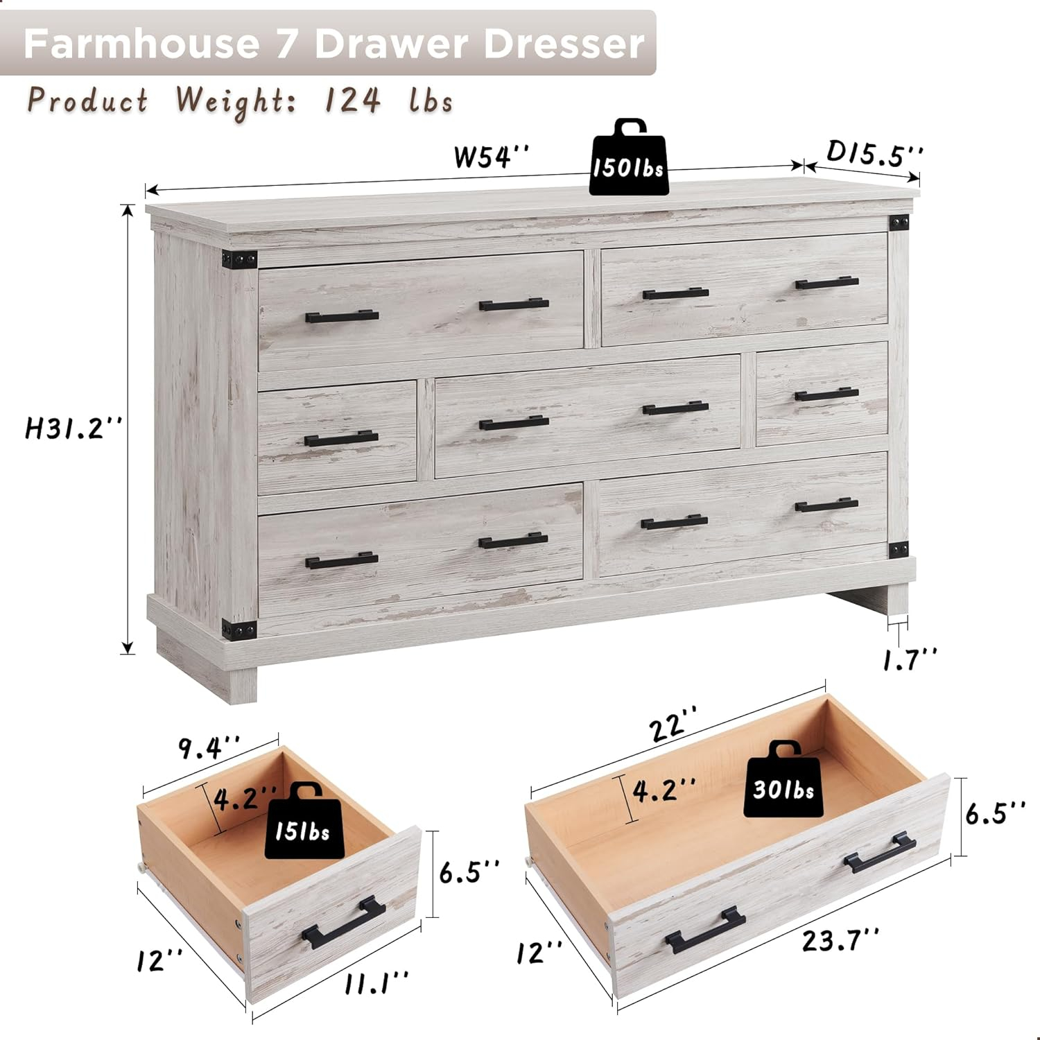 Farmhouse 7 Drawers Dresser for Bedroom, Wood Large Chest of Drawers with Thick Plank Styling, Rustic Closet Dresser for Bedroom, Living Room, Antique Brush White Color