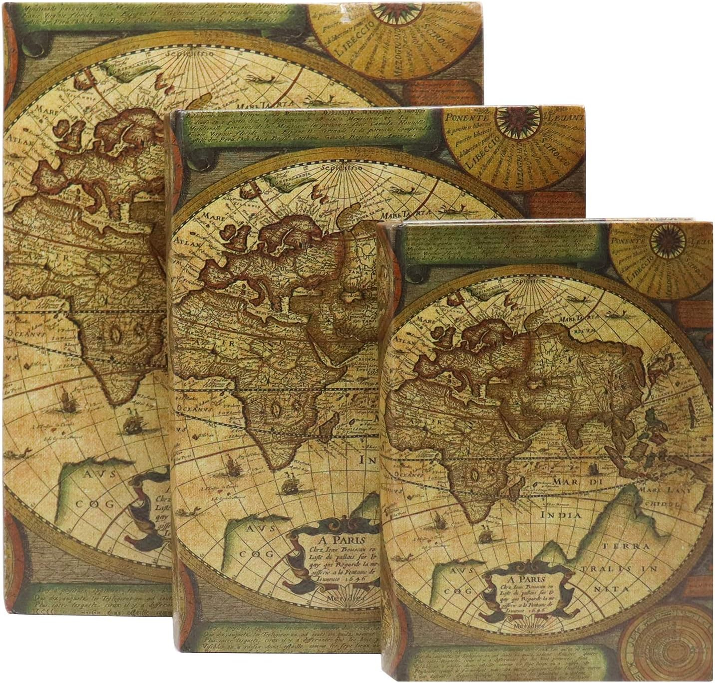 Jolitac Decorative Book Boxes World Map Pattern Antique Book Invisible box with Magnetic cover, Faux Wood Set of 3 Storage Set (Map)
