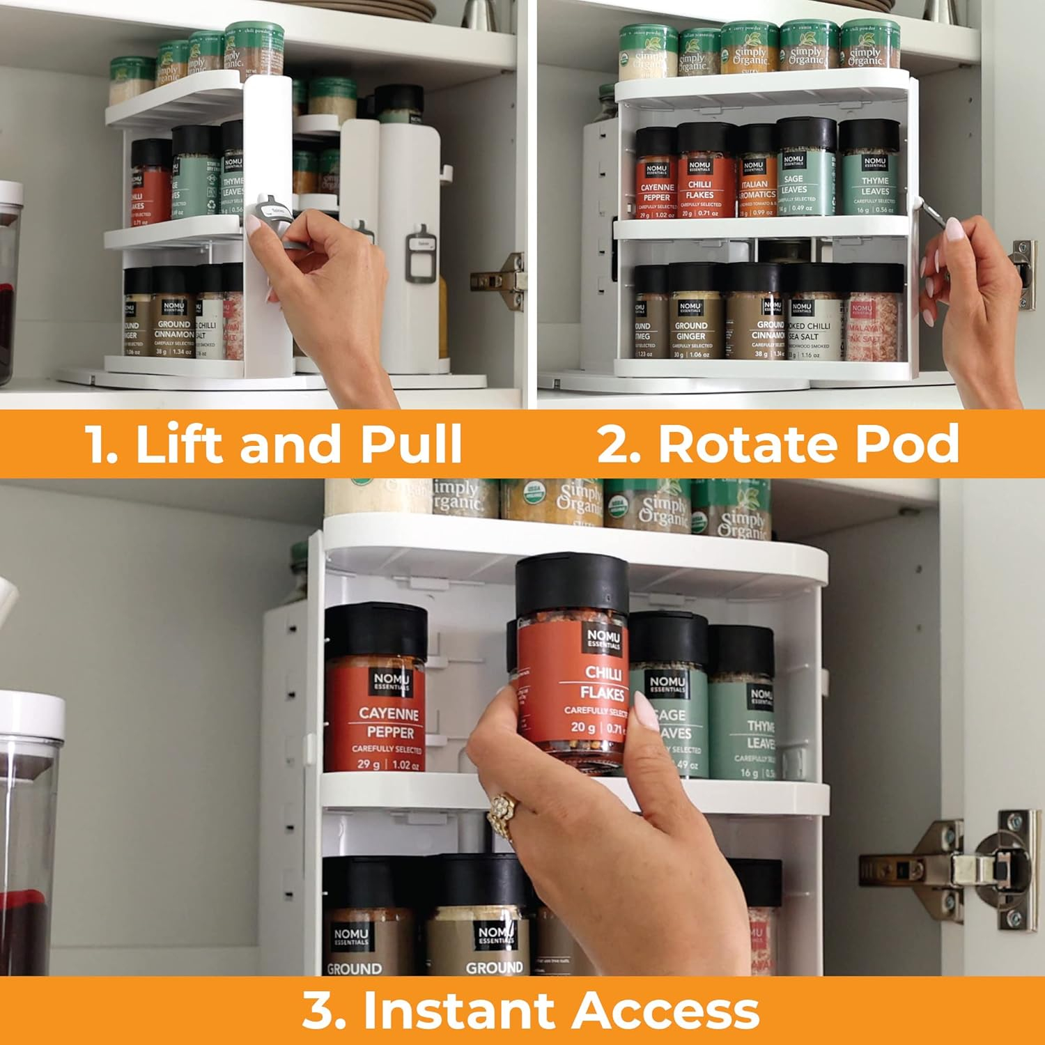 Cabinet Caddy SNAP! Spice Rack Organizer for Cabinet - Slide & Rotate Seasoning Organizer - 3 Snap-In Adjustable Shelves for 5 Tier of Storage - Magnetic Modular Design - 8.9”H x 6.1”W x 10.8”D