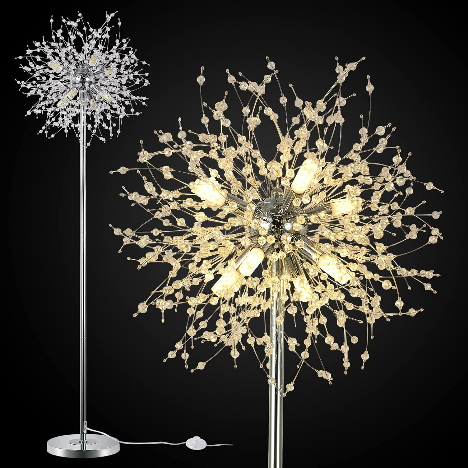 Airposta Crystal Floor Lamp - Elegant Standing Lamp, 69" Tall, Modern Design, 32 Firework Crystal Harnesses, Chrome Finish