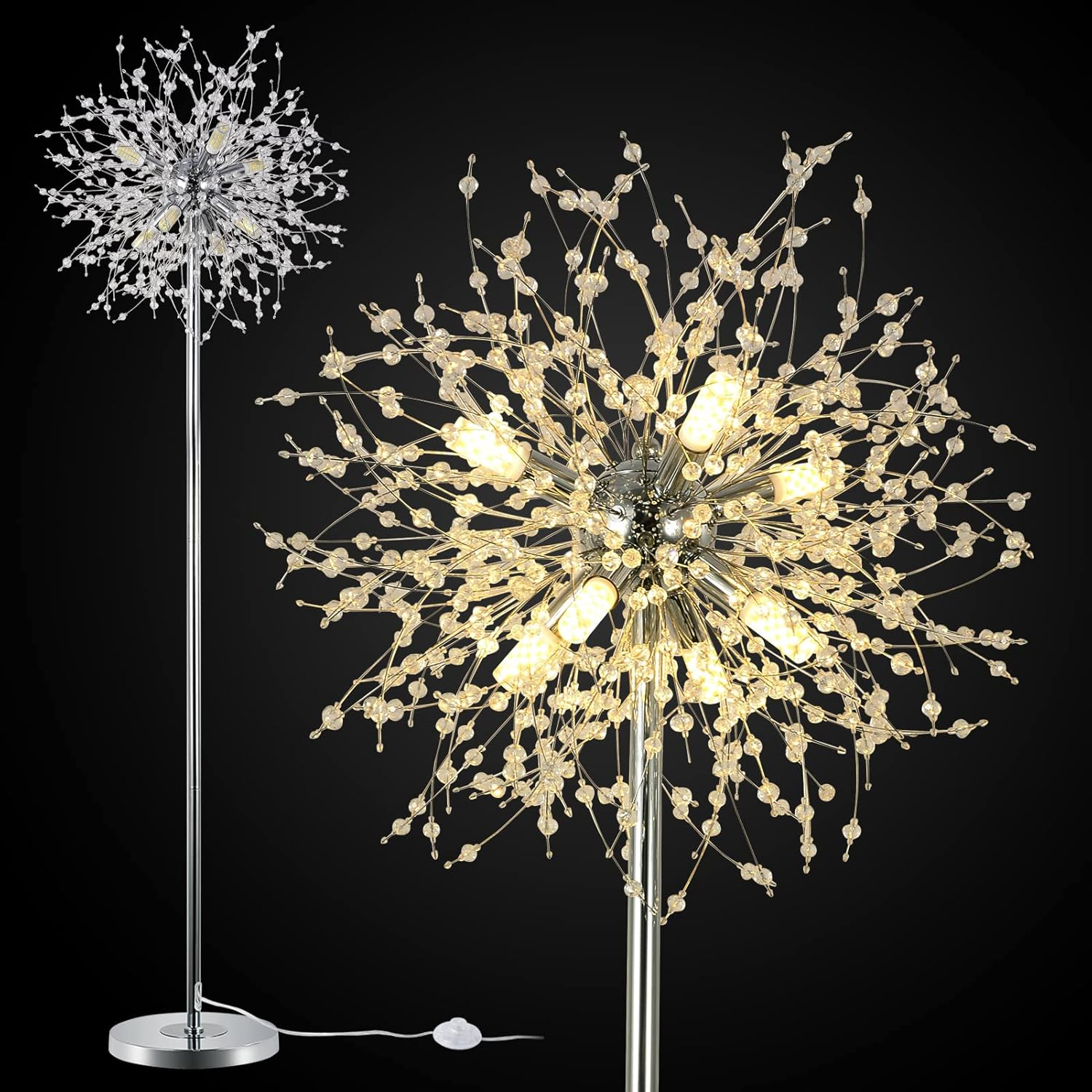 Airposta Crystal Floor Lamp - Elegant Standing Lamp, 69" Tall, Modern Design, 32 Firework Crystal Harnesses, Chrome Finish
