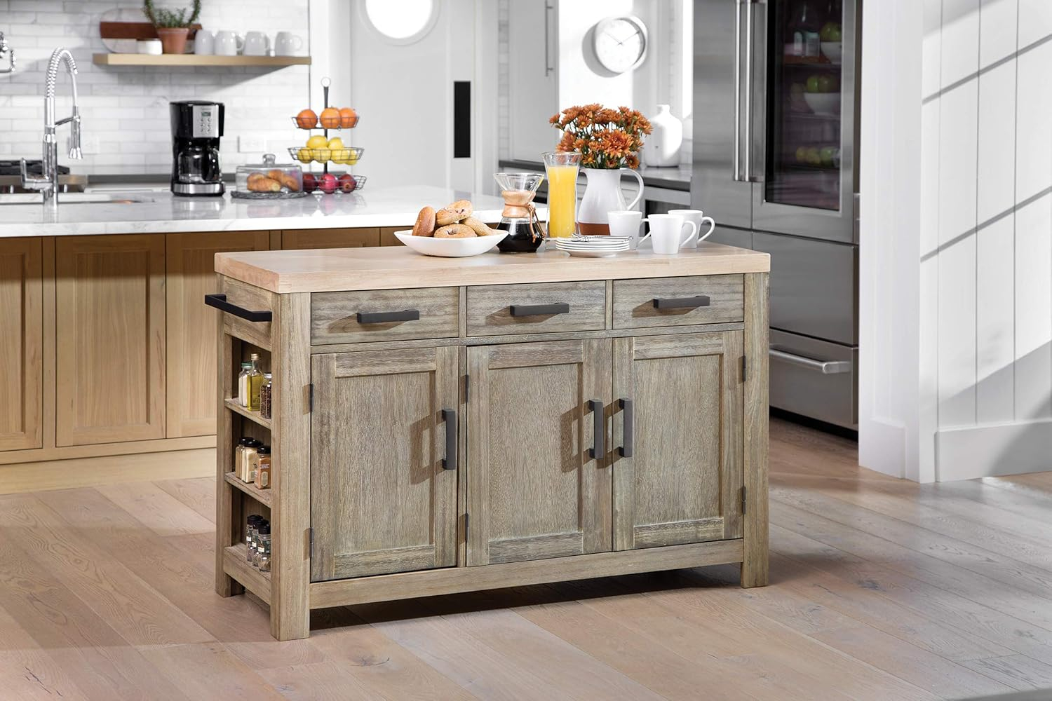 OSP Home Furnishings Cocina Kitchen Island with Spice Rack and Wood Top