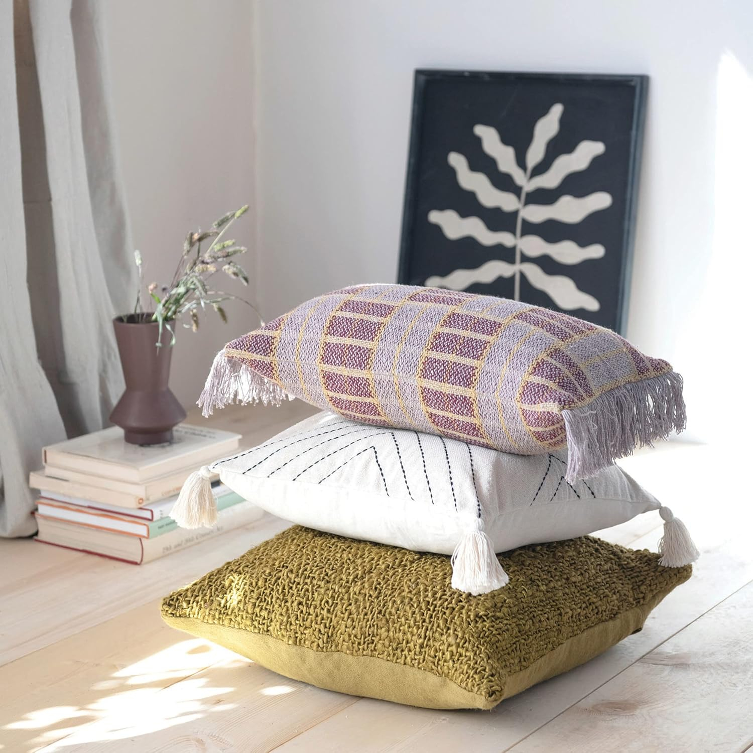 Bloomingville Cotton Blend Embroidered Tassels Pillow, 18" L x 18" W x 2" H, Multicolor