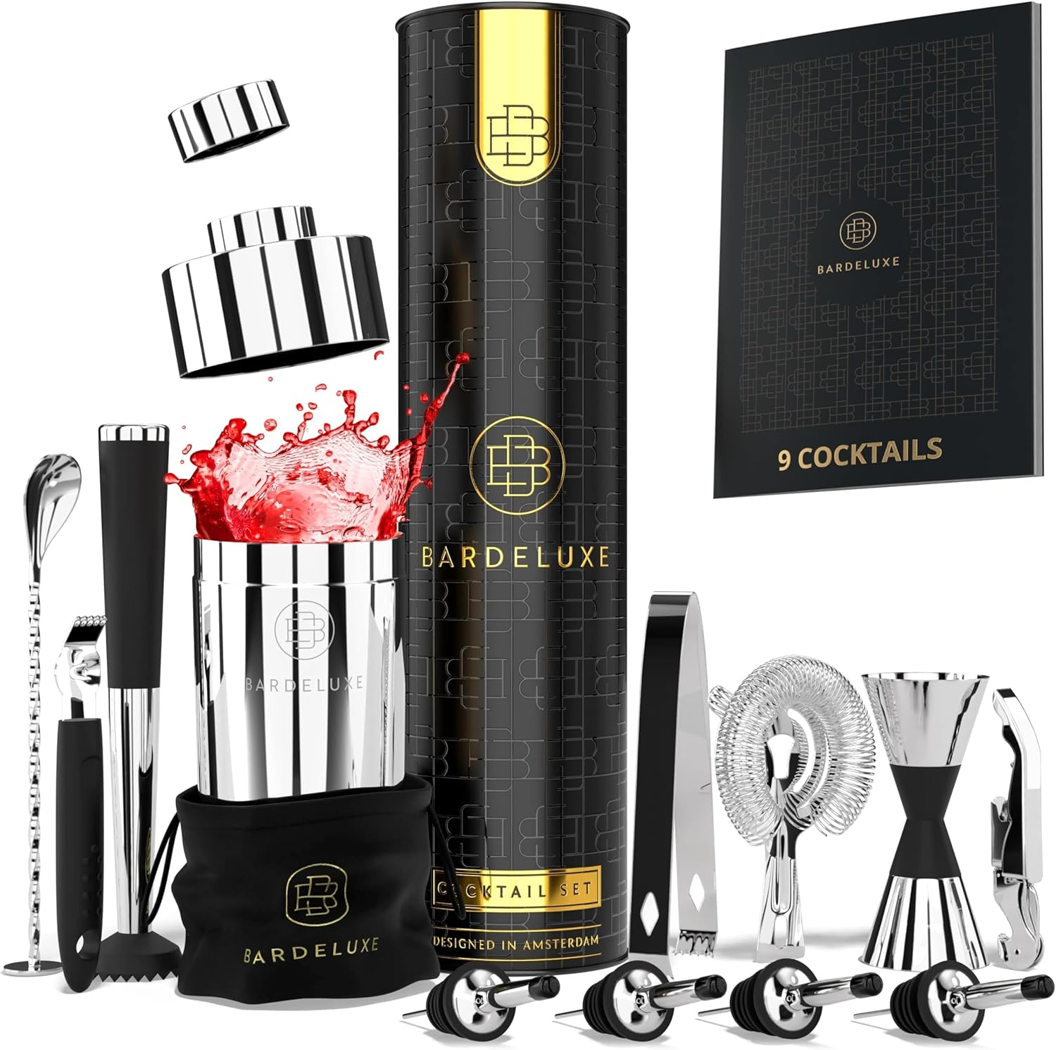 BarDeluxe® Bartender Kit, Cocktail Shaker Set, Bar Set | Mixology Bartender Kit, Cocktail Set, Cocktail Kit | Bar Accessories for The Home Bar Set, Bar Kit, Bartending Kit | Bar Tool Set (Silver)