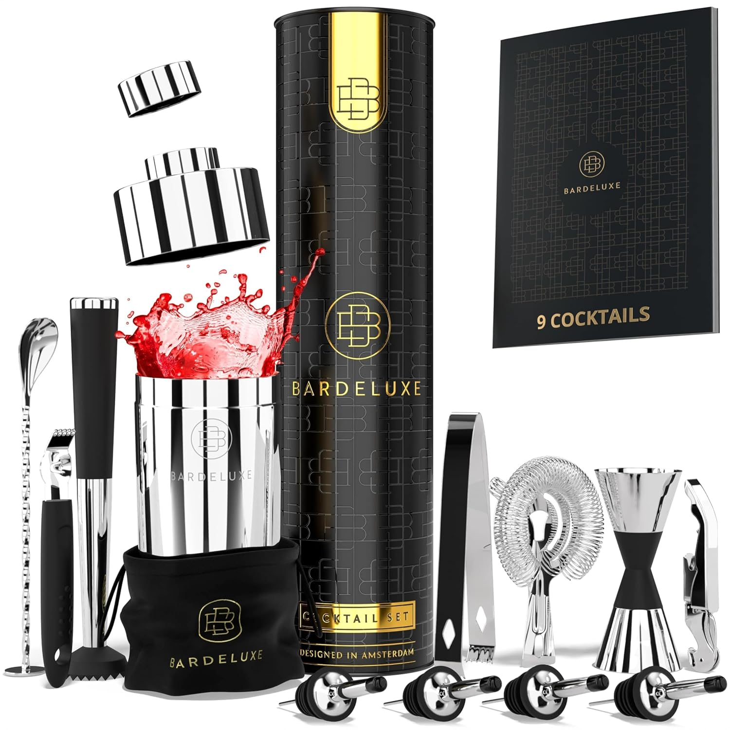 BarDeluxe® Bartender Kit, Cocktail Shaker Set, Bar Set | Mixology Bartender Kit, Cocktail Set, Cocktail Kit | Bar Accessories for The Home Bar Set, Bar Kit, Bartending Kit | Bar Tool Set (Silver)