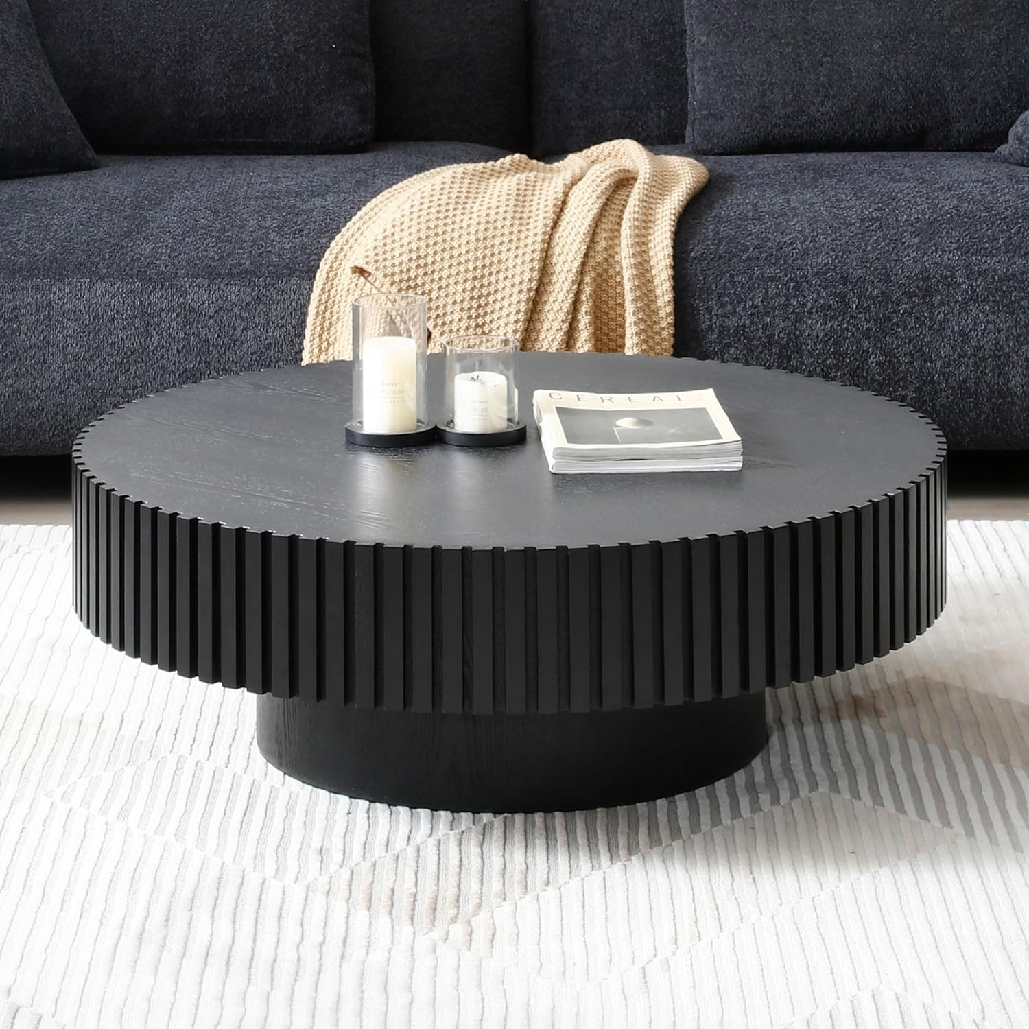 LUMISOL Round Coffee Table for Livng Room, Modern Handcraft Drum Center Table with Sturdy Pedestal, Fluted Circle End Table for Office, Apartment, Small Space, Black