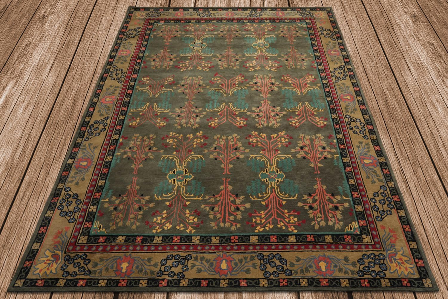 Handmade Gray and Green Wool Oriental 9' x 12' Area Rug
