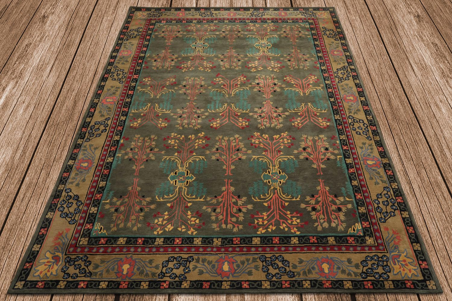 Handmade Gray and Green Wool Oriental 9' x 12' Area Rug
