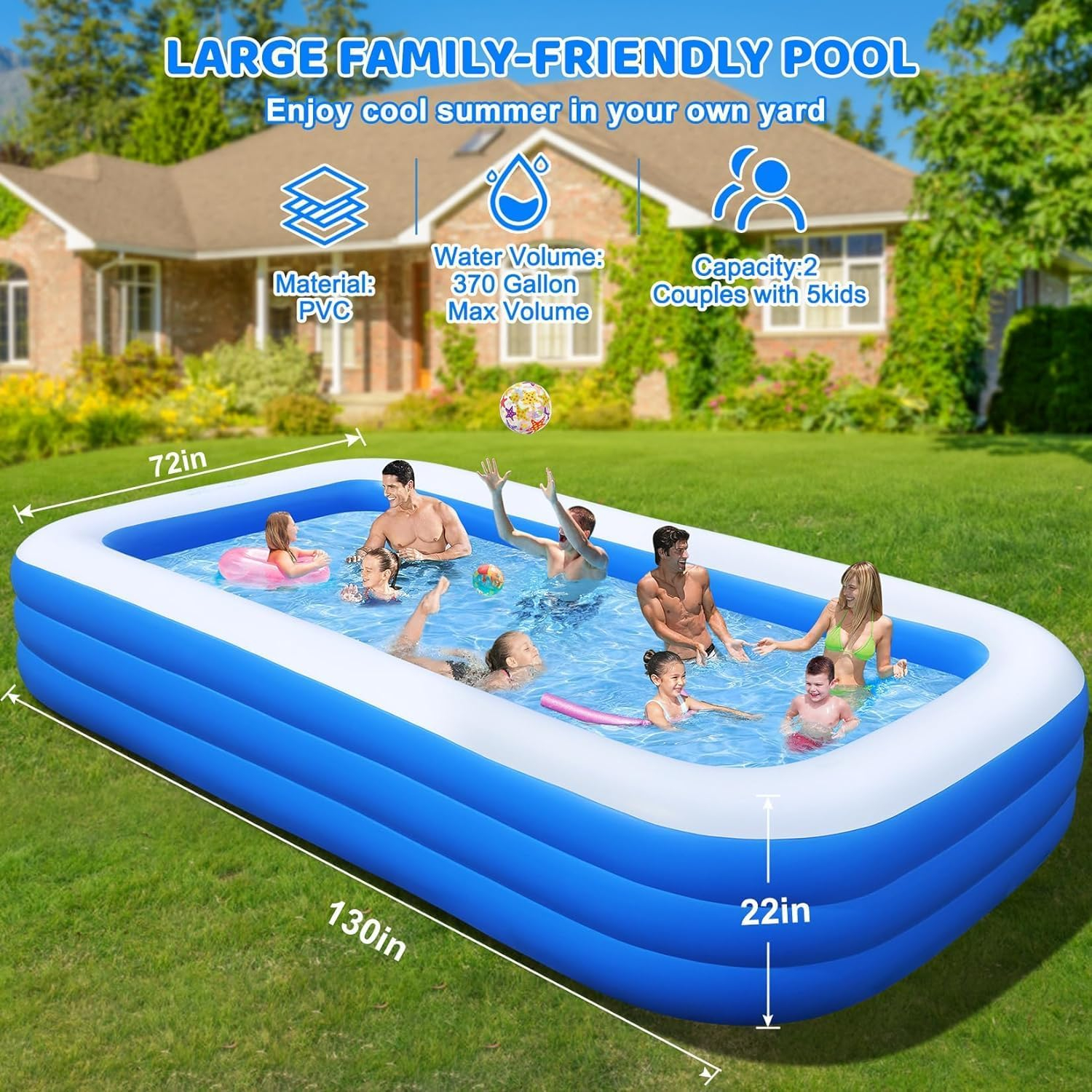 Large Inflatable Swimming Pool with Pump, 130" x 72" x 22" Oversized Thickened Blow Up Pools for Adults and Kids, Large Family Pool for Backyard, Outdoor, and Summer Water Party
