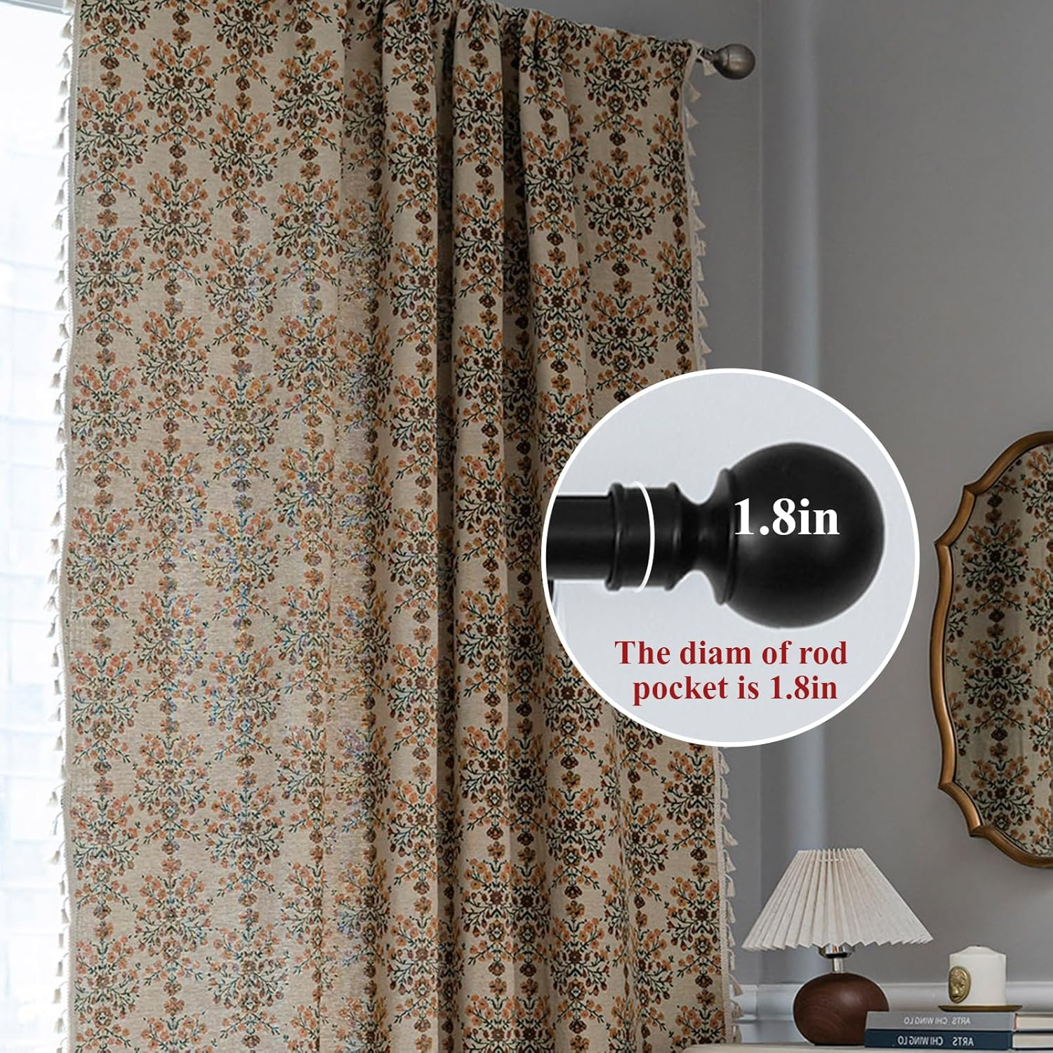 Floral Curtains 63 Inch Length 2 Panels Vintage Flower Patterned Drapes Boho Short Semi Sheer Tassel Rustic Country Rod Pocket Botanical Farmhouse Window Curtain Panels for Bedroom Living Room
