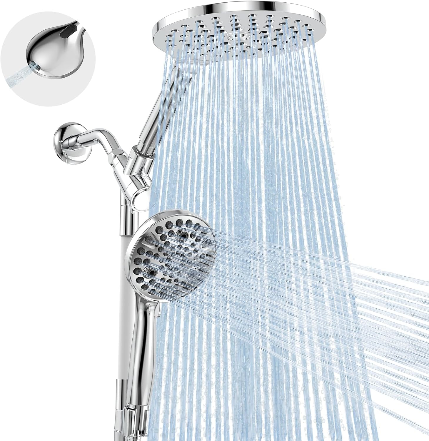 Dual Handheld Shower Head Combo, 2-in-1 Rain Shower Heads System 8 Inch Rainfall Shower Head and 10 Modes High Pressure Hand Held Showerhead with Built-in Power Wash