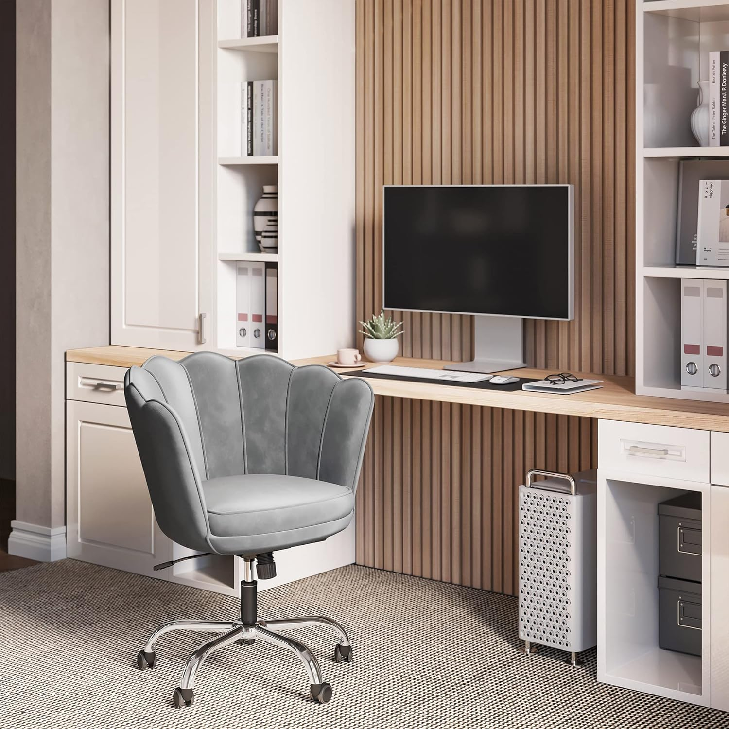 BELLEZE Kaylee Office Chair Upholstered Velvet Seashell Swivel Desk Chair Task Chair Height Adjustable, Gray