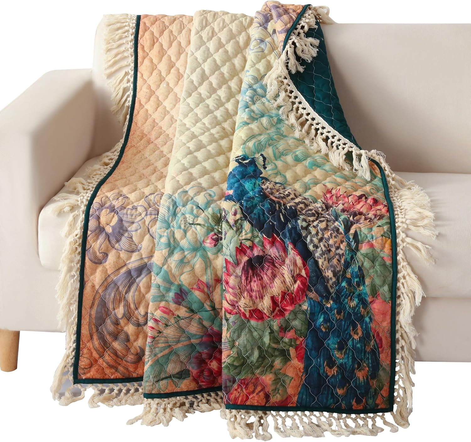 Ufa 60 Inch Quilted Throw Blanket, Blue Microfiber, Peacock, Floral Design- Saltoro Sherpi