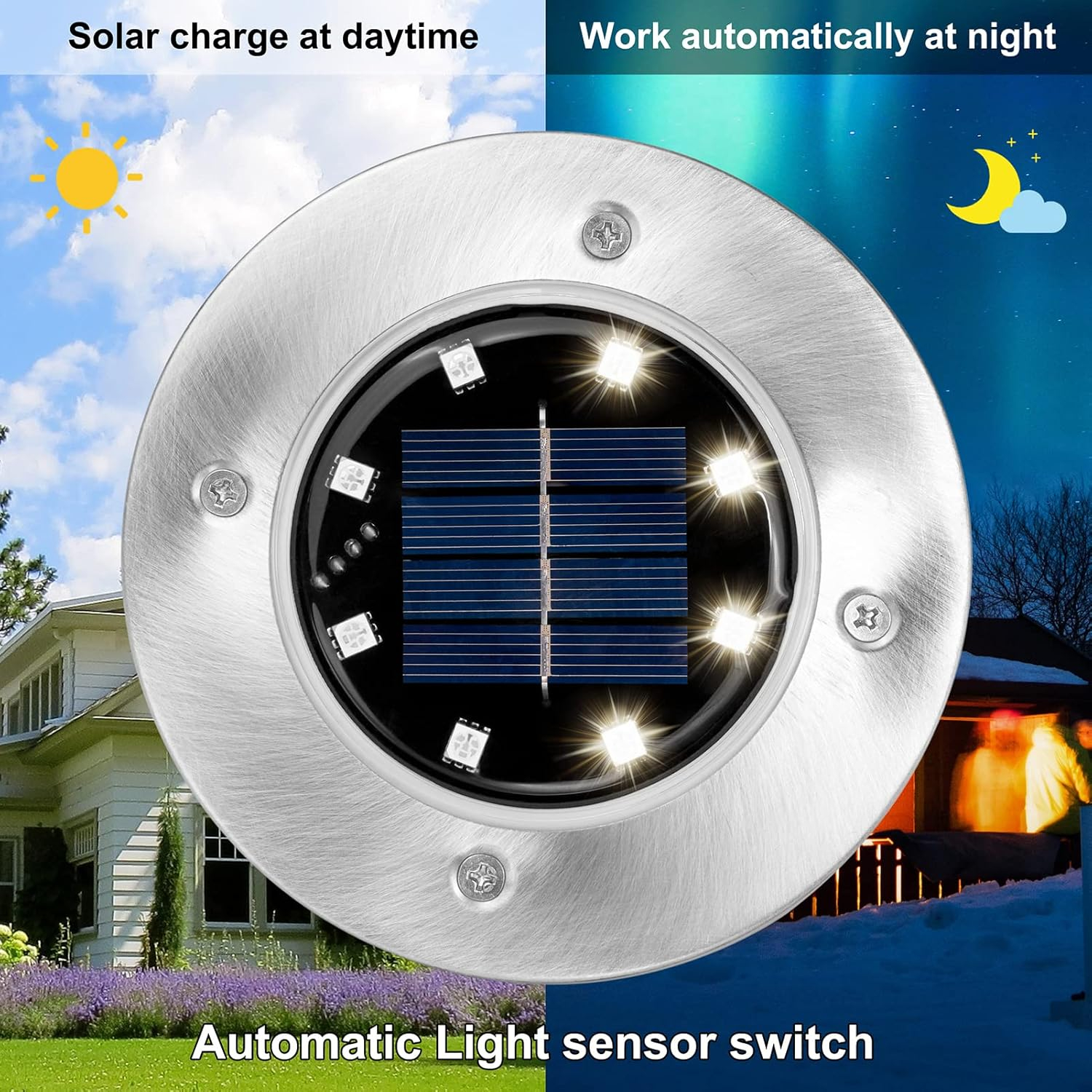 Solar Ground Lights Outdoor 4 Pack, 8 LED Solar Disk Garden Lights Waterproof Inground Landscape Lighting for Yard Deck Lawn Patio Pathway Walkway Driveway (White)