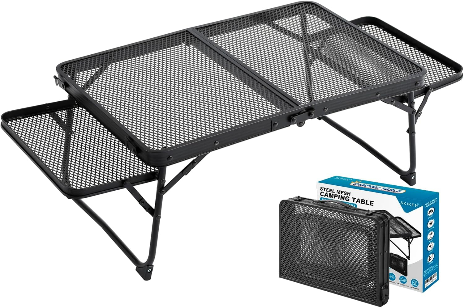 Small Low Camping Table with 2 Wing Panels, Folding Low Picnic & Outdoor Table with 2 Shelves, Lightweight & Easy Carry for Beach, Fishing, Sturdy Steel Mesh Top (3 FT, Black)