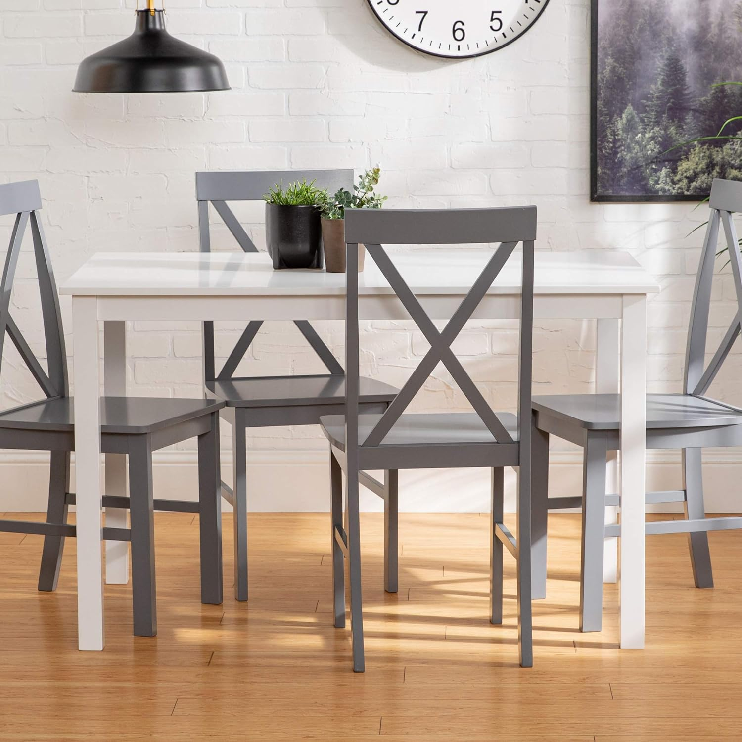 Walker Edison 4 Person Modern Farmhouse Wood Small Dining Table Dining Room Kitchen Table Set Dining 4 X Chairs Set, 48 Inch, White and Grey