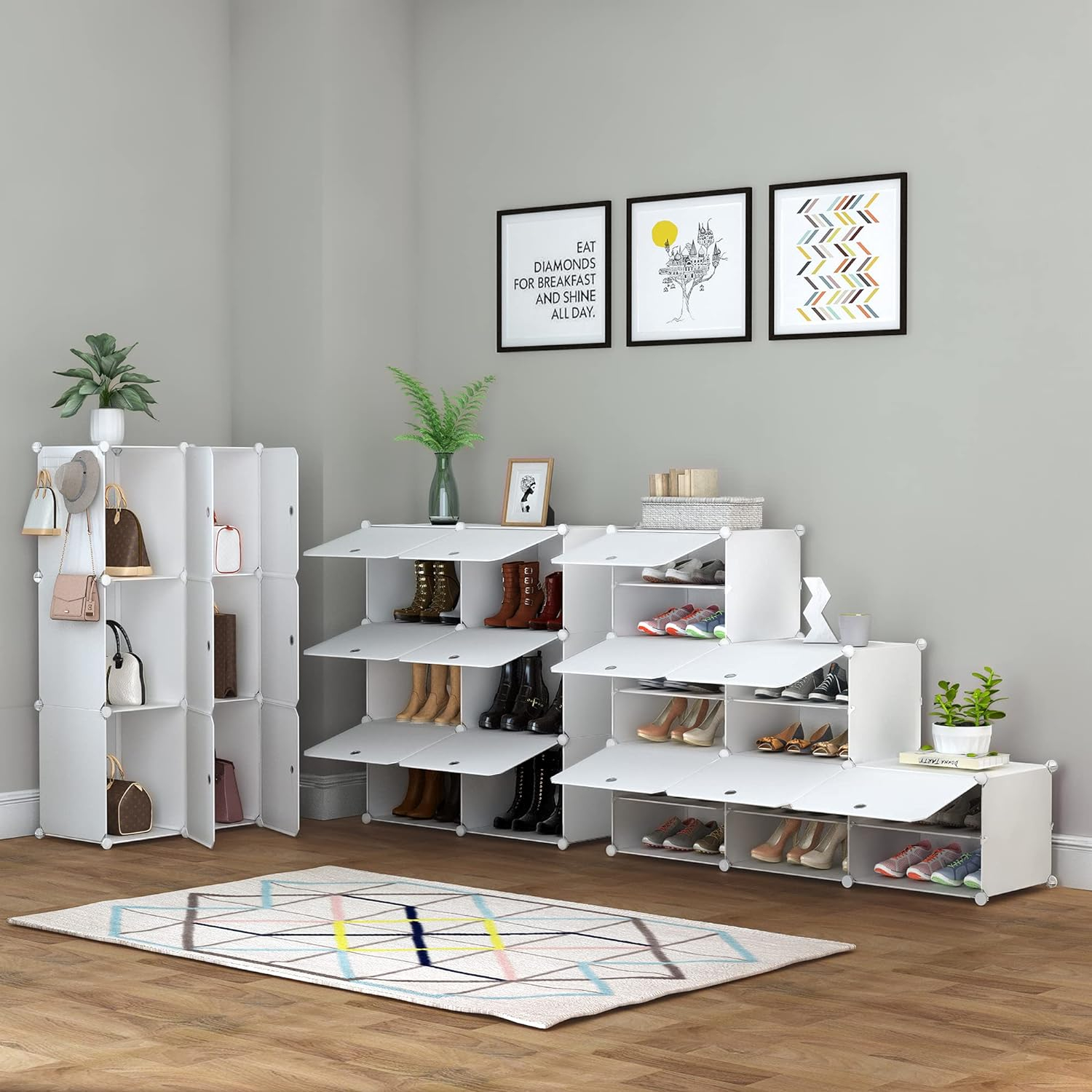 Portable Shoe Rack Organizer 24 Pairs Tower Shelf Storage Cabinet Stand Expandable for Heels, Boots, Slippers, 6 Tier White