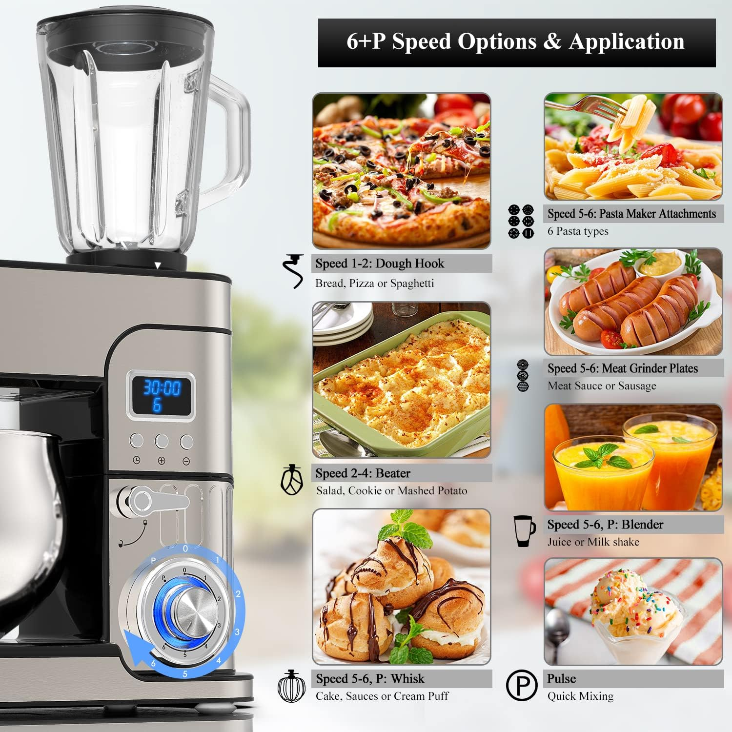 6-IN-1 Stand Mixer, LCD Display Kitchen Electric Mixer, 6.5QT Stainless Steel Bowl Mixer, Multi-Function Kitchen Mixer With Dough Hook, Whisk, Beater, Meat Grinder, Blender, Splash Guard
