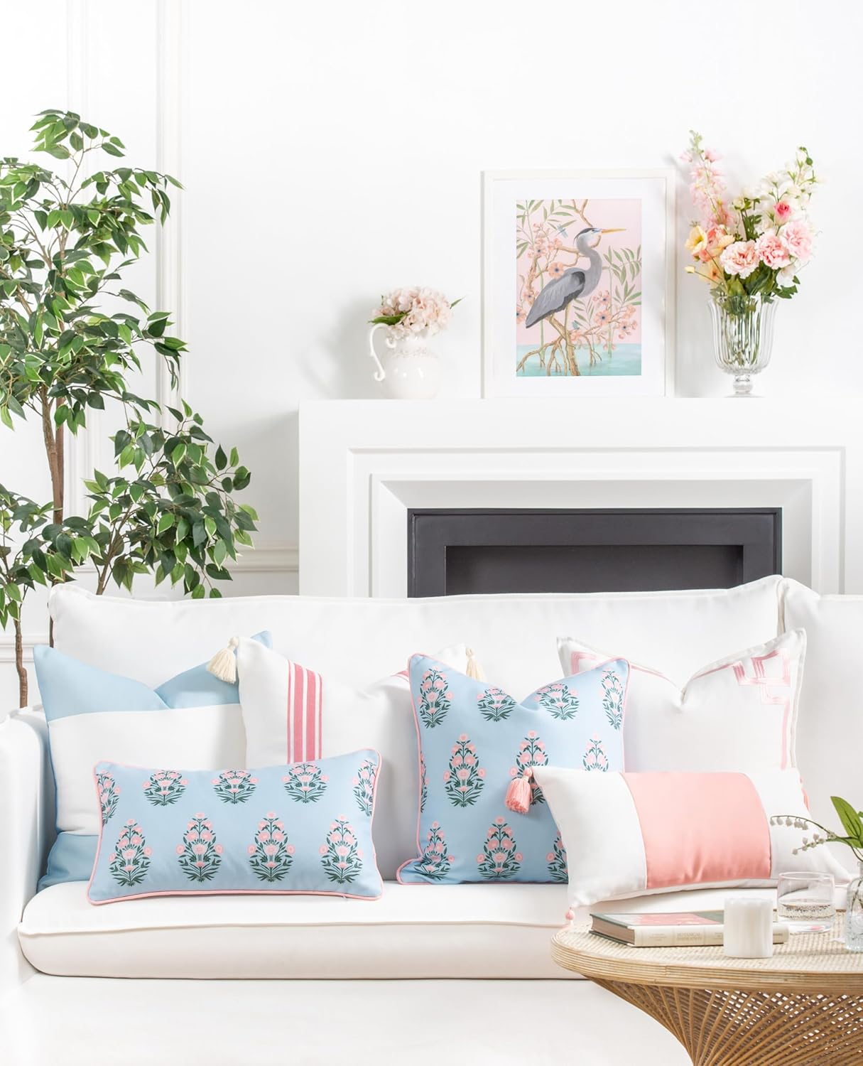 Hofdeco Premium Coastal Patio Indoor Outdoor Throw Pillow Cover Only, 20"x20" Water Repellent for Backyard, Couch, Blush Pink Embroidered Stripes with Tassels