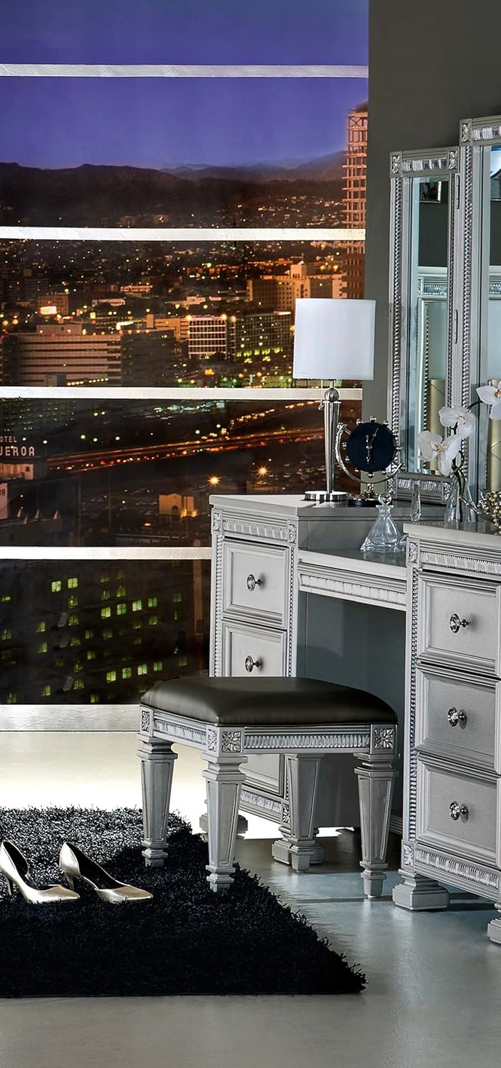 Bevelle Glam Silver Vanity Stool with Acrylic Crystal Accents