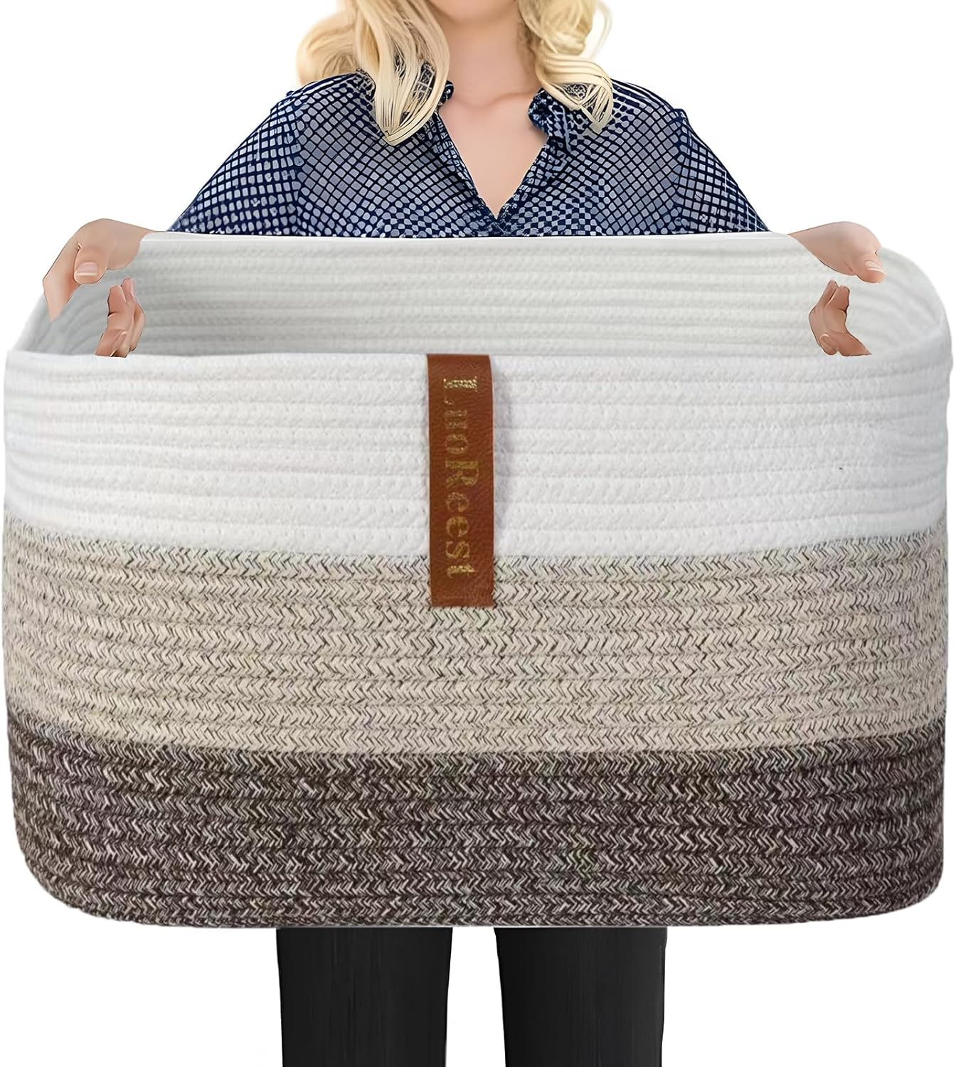 OIAHOMY Large Blanket Basket, Rectangle Woven Baskets for Storage, Nursery Blanket Basket Living Room, Toy Basket with Handle, Large Baskets for Organizing-22”x17”x12”-Gradient Black