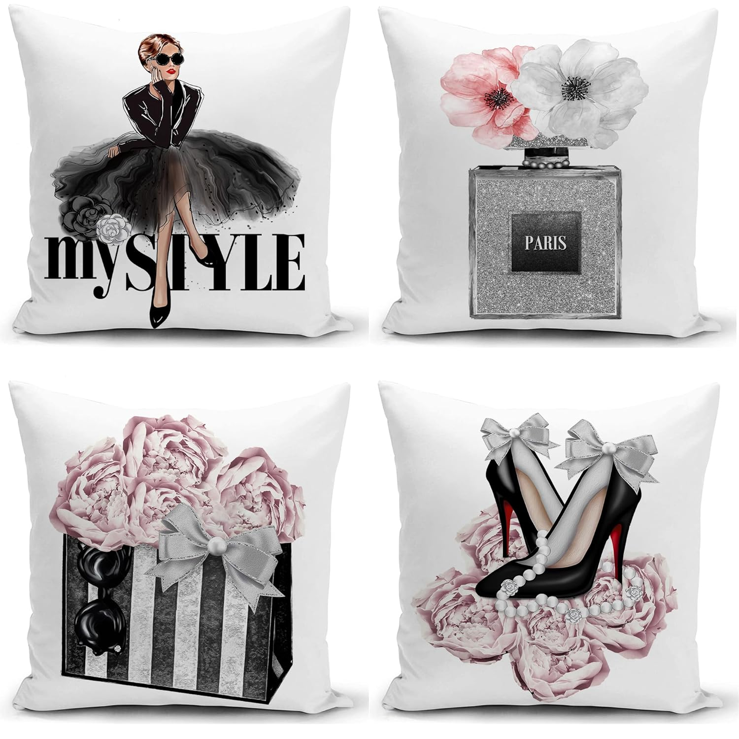 Set of 4 18x18 Pink Throw Pillow Covers Couch Bed Decorative Pillow Covers Fashion Girls Silver Perfume Flowers Cute Accent Pillow Covers Bedroom Black White Velvet Pillowcases (Pink and Gray)