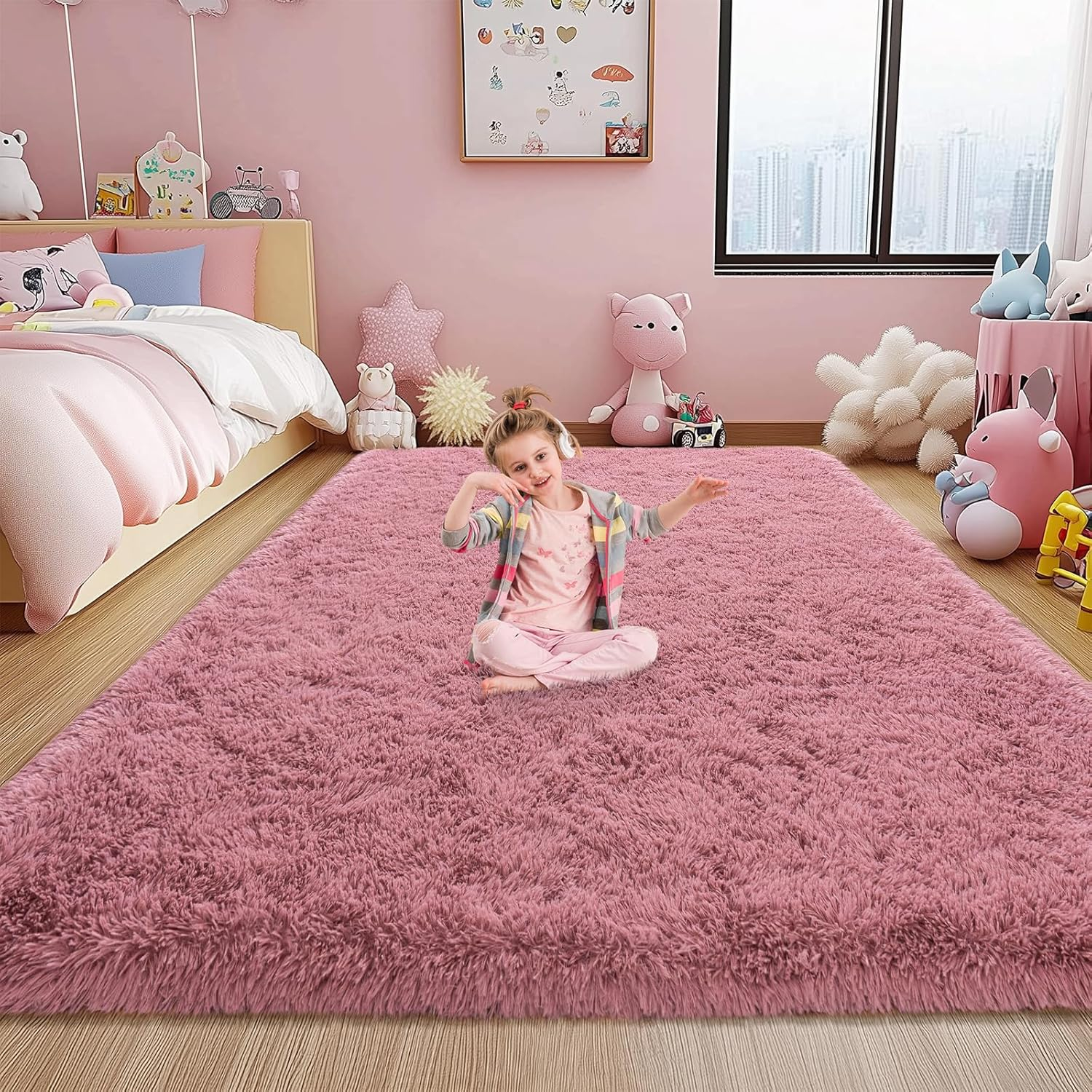 Large Shag Rug 6 x 9 for Living Room, Fluffy Blush Pink Area Rug for Girls Kids Bedroom, Soft Fuzzy Plush Throw Carpet, Non Slip Modern Indoor Shaggy Rug for Home Decor Aesthetic
