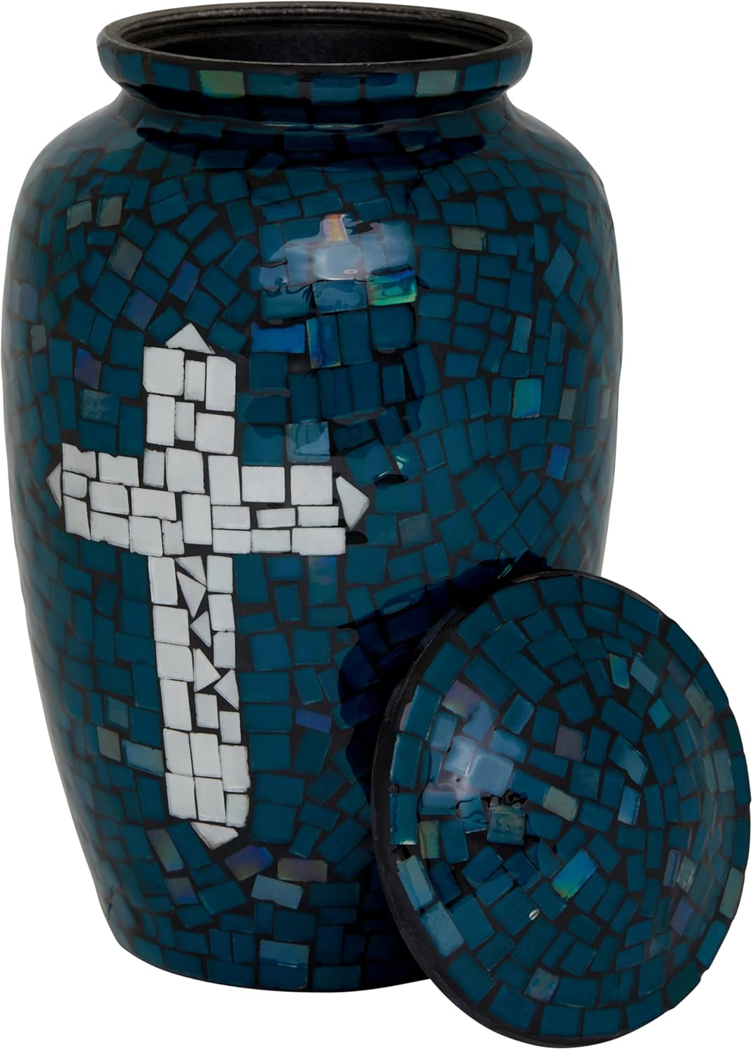 Mosaic Glass Cremation Urn - Hand Made Funeral Urn for Human Ashes - Large Adult Size Burial Urn - Hand Applied Individual Tiles Create a one of a Kind Work of Art - 200 cu in (Deep Blue Cross)