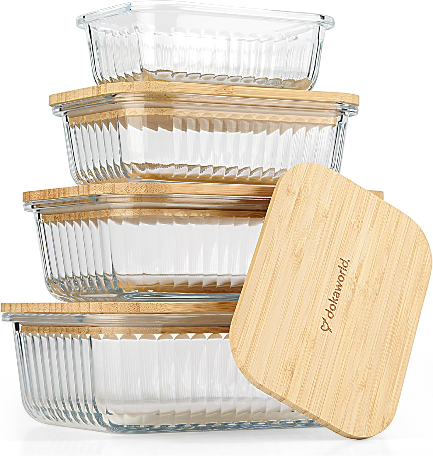 Amber Glass Meal Prep Containers with Acacia Lids, Set of 4