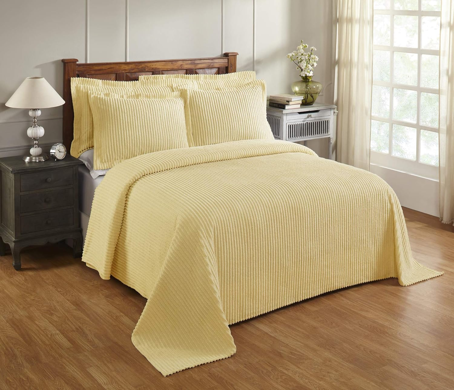Better Trends Chenille Bedspreads Full/Double Size, Yellow 100% Cotton Chenille Stripe Design Tufted Bedding Coverlet Soft Lightweight, 96"x110" with 2 Sham, 3 Pieces Set Jullian Collection