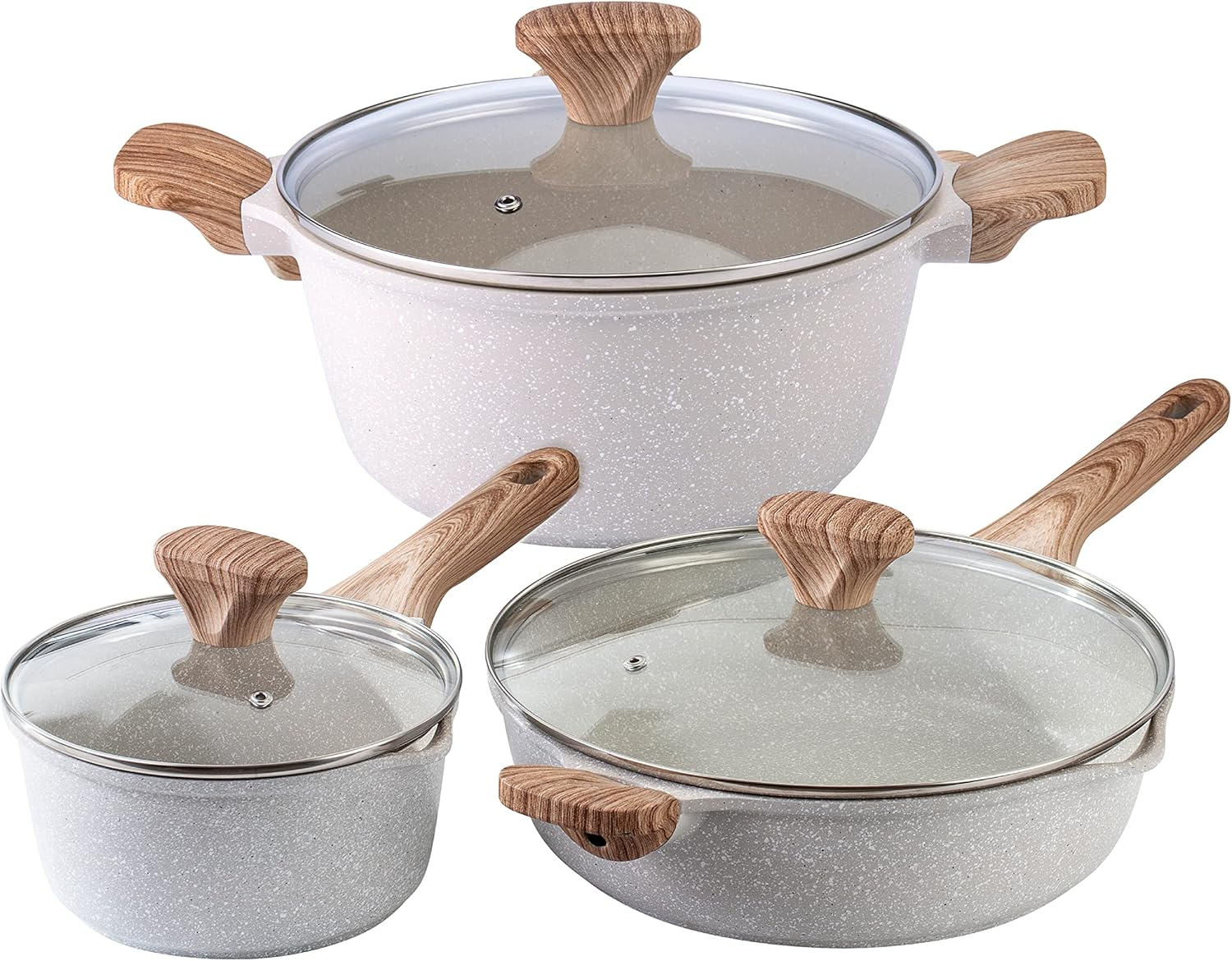 Non-Stick Cast Aluminum Cookware Set - Durable Kitchen Cookware for Everyday Cooking, Speckled Cream, 6 Pc.