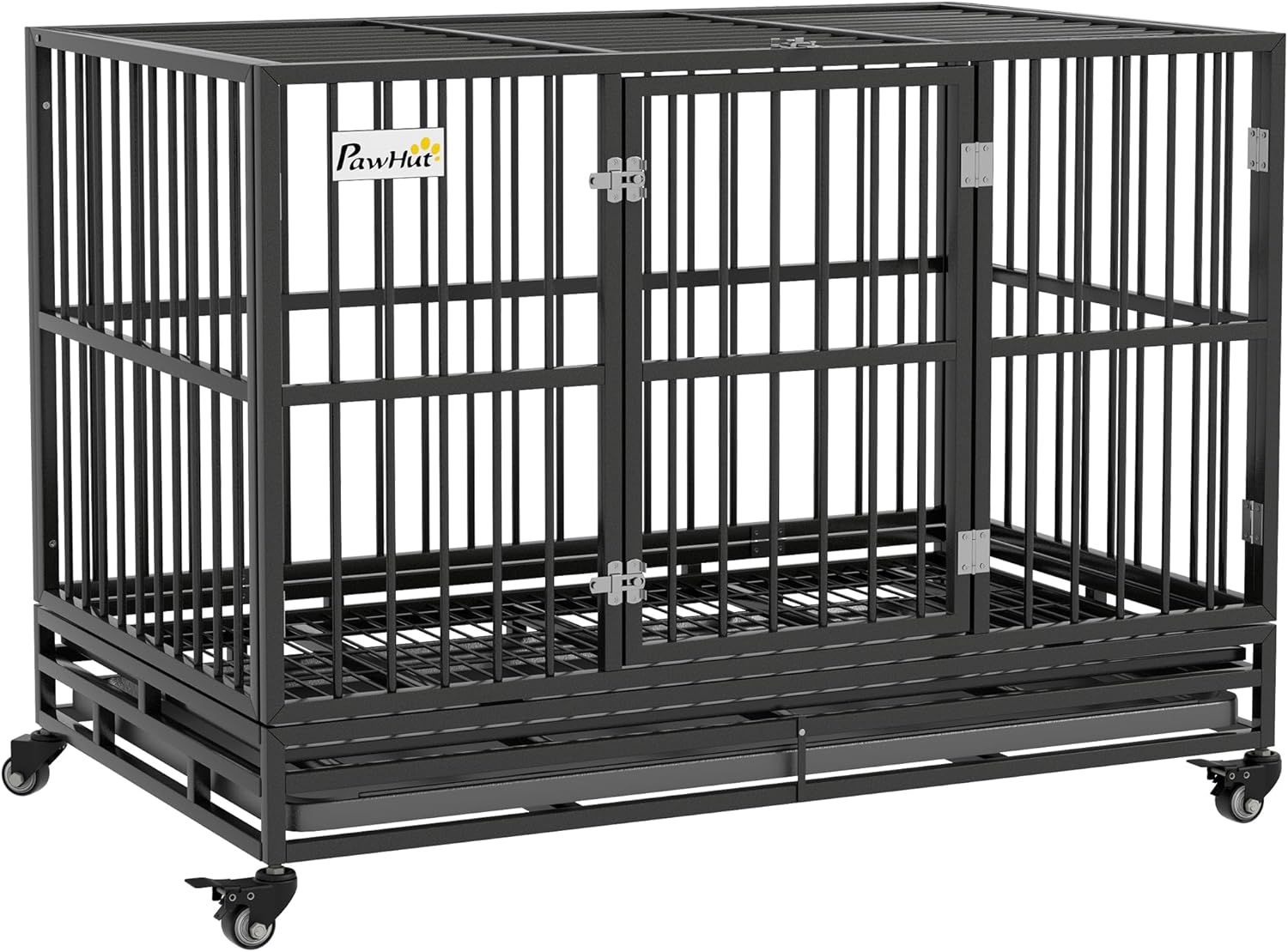 PawHut 48" Heavy Duty Dog Crate Metal Cage Kennel with Lockable Wheels, Double Door and Removable Tray, Gray