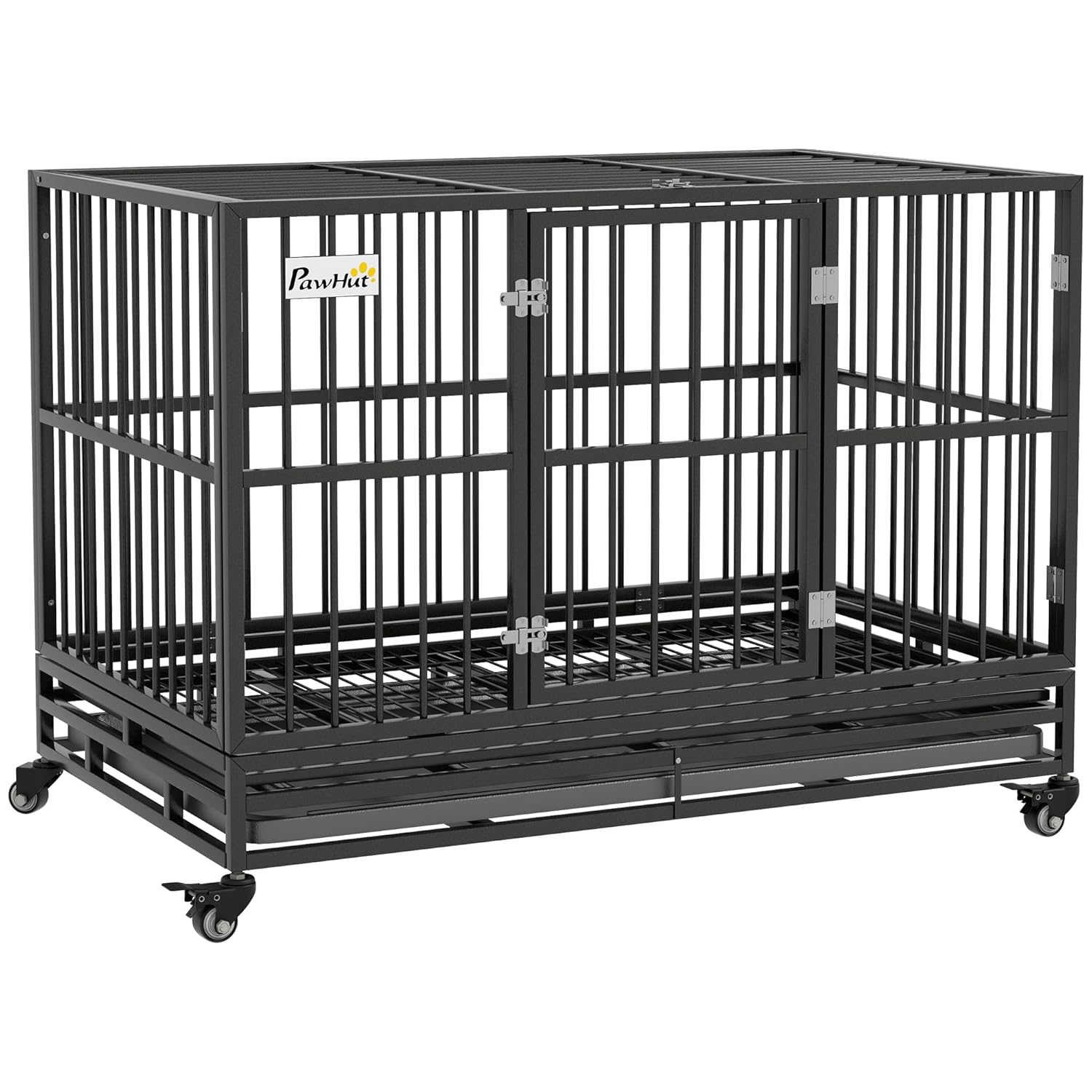 PawHut 36" Heavy Duty Dog Crate Metal Cage Kennel with Lockable Wheels, Double Door and Removable Tray, Gray