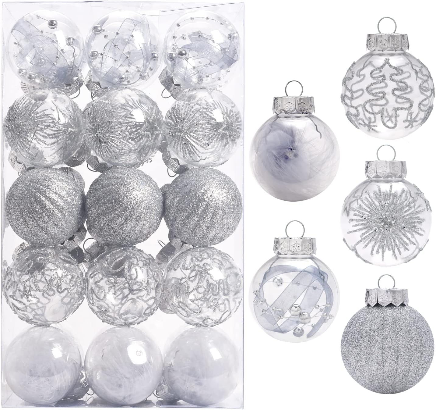 60MM/2.36" Christmas Ball Ornaments, 30PCS Shatterproof Decorative Hanging Ball Ornament with Stuffed Delicate Decorations, Xmas Tree Balls for Halloween Holiday Party Thankgivings (Silver)